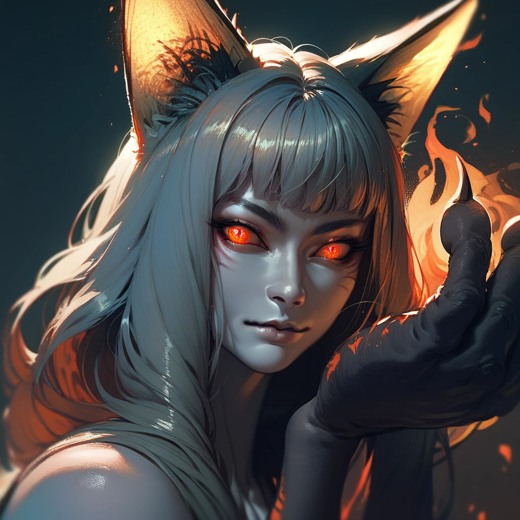 score_9, score_8_up, score_7_up, portrait, beautiful, <lora:KashaChacha:1> BREAK, 1girl Kasha. Kashanioh. fox girl. fox ears. grey skin. fox hands. fox legs. red eyes. glowing eyes. glowing ears.