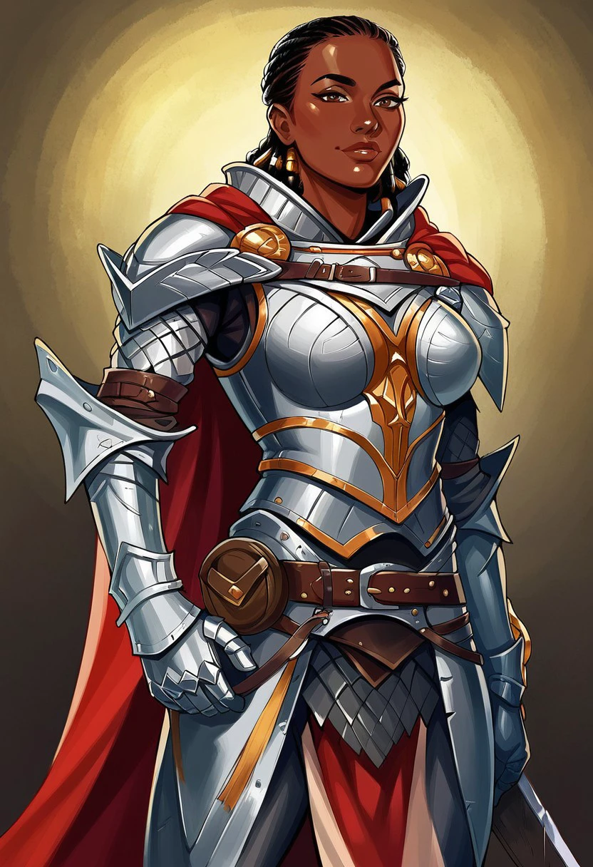 SeelahPathfinder,1girl,solo,black hair, very dark skin,dark skinned female,large breast, black hair,dreadlocks,armor,full armor,silver armor,knight armor,shoulder armor,breastplate,pauldrons,gloves,vambraces,greaves,boots,high heels,pelvic curtain,sword,lips,armor ornament,cape,shild,brown eyes,seductive pose,sexual pose,
score_9, score_8_up, score_7_up, beautiful aesthetic, very intricate, high quality details,vibrant, highly detailed, award-winning, professional,anime artwork, anime style, studio anime, athletic, toned female,muscular milf,curvy body, athletic girl,fit girl,  round breasts, ,looking at viewer, pinup pose,teasing, dynamic lighting, cinematic, smug, better than you, aura of temptation, highly detailed, high resolution, masterpiece, detailed clother, detailed background, highly detailed, ((sound effects)) comic layout,