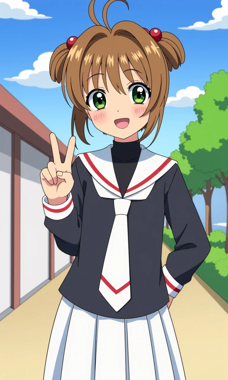 Kinomoto Sakura, she has green eyes, She has brown hair styled in two pigtails with red hair ties, standing, happy, peace sign at the photo. She is dressed in a traditional Japanese school uniform, characterized by a black shirt with long sleeves a white and red trim, a white blouse, a white necktie, and a pleated white skirt, one arm behind the back. She has a fair complexion and a petite build, outdoors