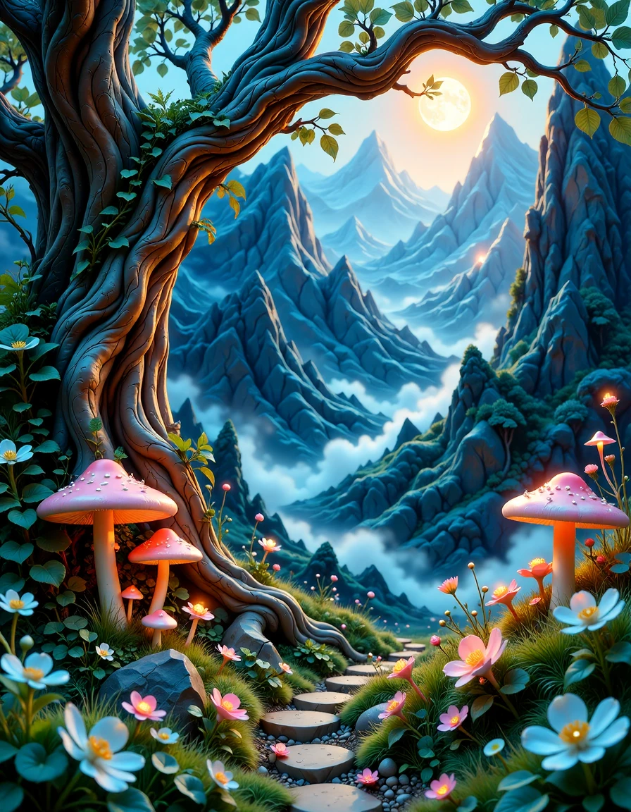 Enchanted forest at twilight, misty atmosphere with swirling fog, bioluminescent mushrooms and flowers glowing in soft blues and purples, moonlit clearings with silver grass, towering ancient trees with twisted branches, Magic Dream style, ethereal lighting, intricate details, 8k resolution
 <lora:magic-dream:1> md0924, magic, anna stokes, boris vallejo, alphonse mucha, sky with clouds and moon, flowers, swirl magic