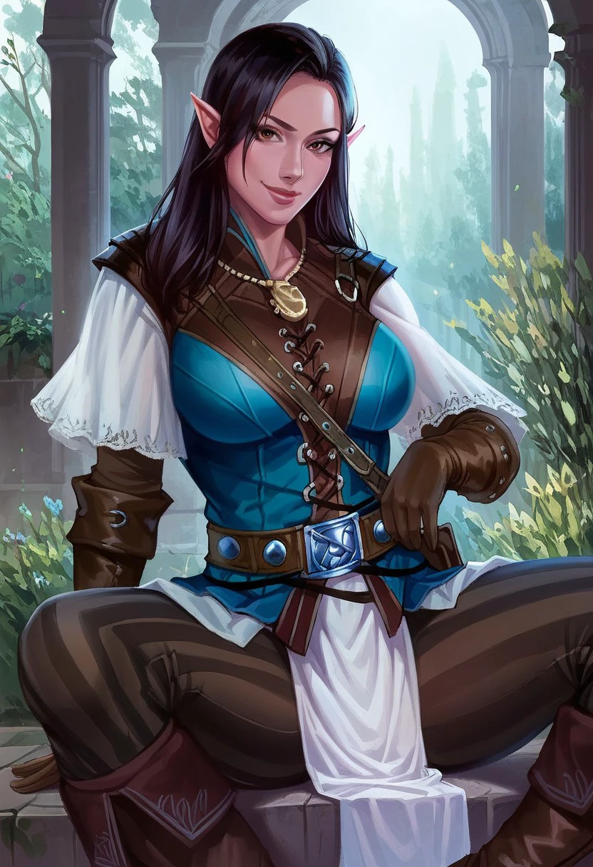 CamelliaPathfinder,1girl,solo,long hair,black hair,pointy ears,gloves,large breast,half-elf,brown eyes,boots,jewelry,belt,weapon,necklace,pants,lips,brown footwear,leather gloves,thighhighs,capelet,cuffs,pelvic curtain,dark-blue dress,striped pants,
,seductive pose,sexual pose,ruins,spread legs,
score_9, score_8_up, score_7_up, beautiful aesthetic, very intricate, high quality details,vibrant, highly detailed, award-winning, professional,anime artwork, anime style, studio anime, athletic, toned female,muscular milf,curvy body, athletic girl,fit girl,  round breasts, ,looking at viewer, pinup pose,teasing, dynamic lighting, cinematic, smug, better than you, aura of temptation, highly detailed, high resolution, masterpiece, detailed clother, detailed background, highly detailed, ((sound effects)) comic layout,