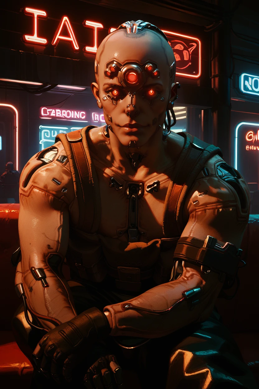 score_9, score_8_up, score_7_up, score_6_up
<lora:CyberDumDum:0.8>
CyberDumDum, 1boy, cyborg, red eyes, extra eyes, looking at viewer, at an old-fashioned diner, leaning against the counter, wearing a leather jacket, neon lights reflecting on his face, retro vibe, cool and confident expression