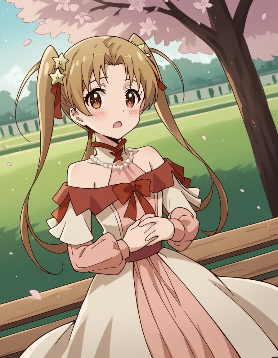 score_9, score_8_up, score_7_up, source_anime, <lora:sherry-tueli-s2-ponyxl-lora-nochekaiser:1>, sherry tueli, long hair, brown hair, hair ornament, twintails, brown eyes, star (symbol), star ornament,, dress, bare shoulders, jewelry, necklace, frills, long sleeves,, park, cherry blossoms, bench, gentle breeze, peaceful, running, open mouth,, , looking at viewer, hands on stomach, blush,, solo,, cowboy shot, dutch angle