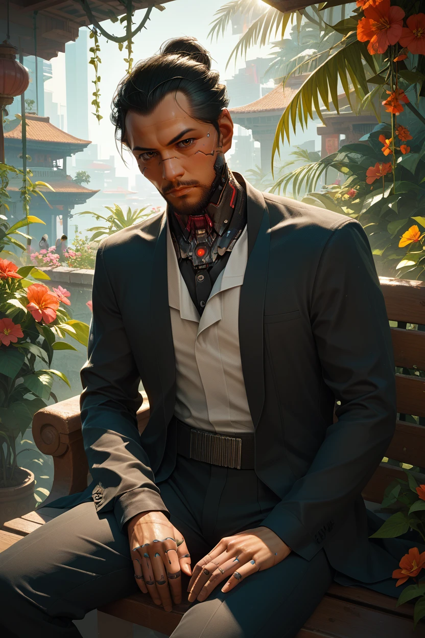 score_9, score_8_up, score_7_up, score_6_up
<lora:CyberGoroTakamura:0.8>
CyberGoroTakamura, 1boy, black hair, brown eyes, cyberpunk, looking at viewer, sitting on a stone bench in a Mediterranean courtyard, wearing a light linen suit, vines and flowers around, warm sunlight, elegant and relaxed mood