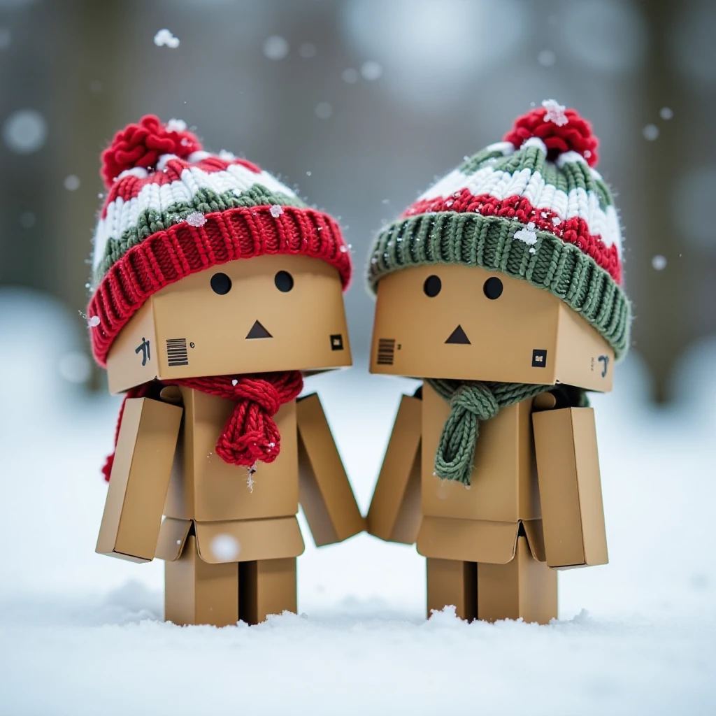 danbo, two Danbo dolls wearing hats standing in the snow. The dolls are brown in color and the hats are red, green, and white. The background is blurred, giving the image a dreamy feel