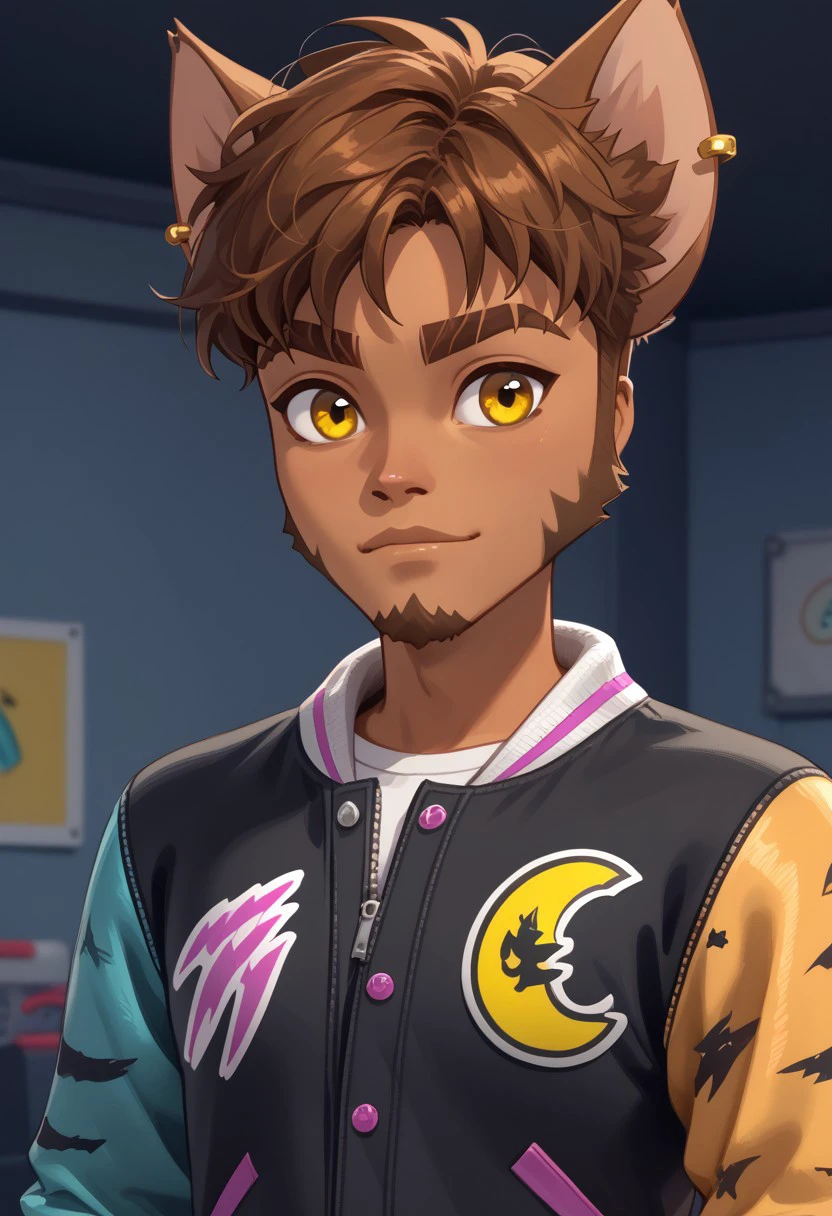 Clawd wolf g3, Goatee, Brown skin, Yellow eyes, Humanoid Werewolf, Wolf ears with golden Piercings, Portrait, Signature outfit, Jacket, Long sleeves, right sleeve cyan, left sleeve yellow, easynegative, ng_deepnegative_v1_75t,  negative_hand,