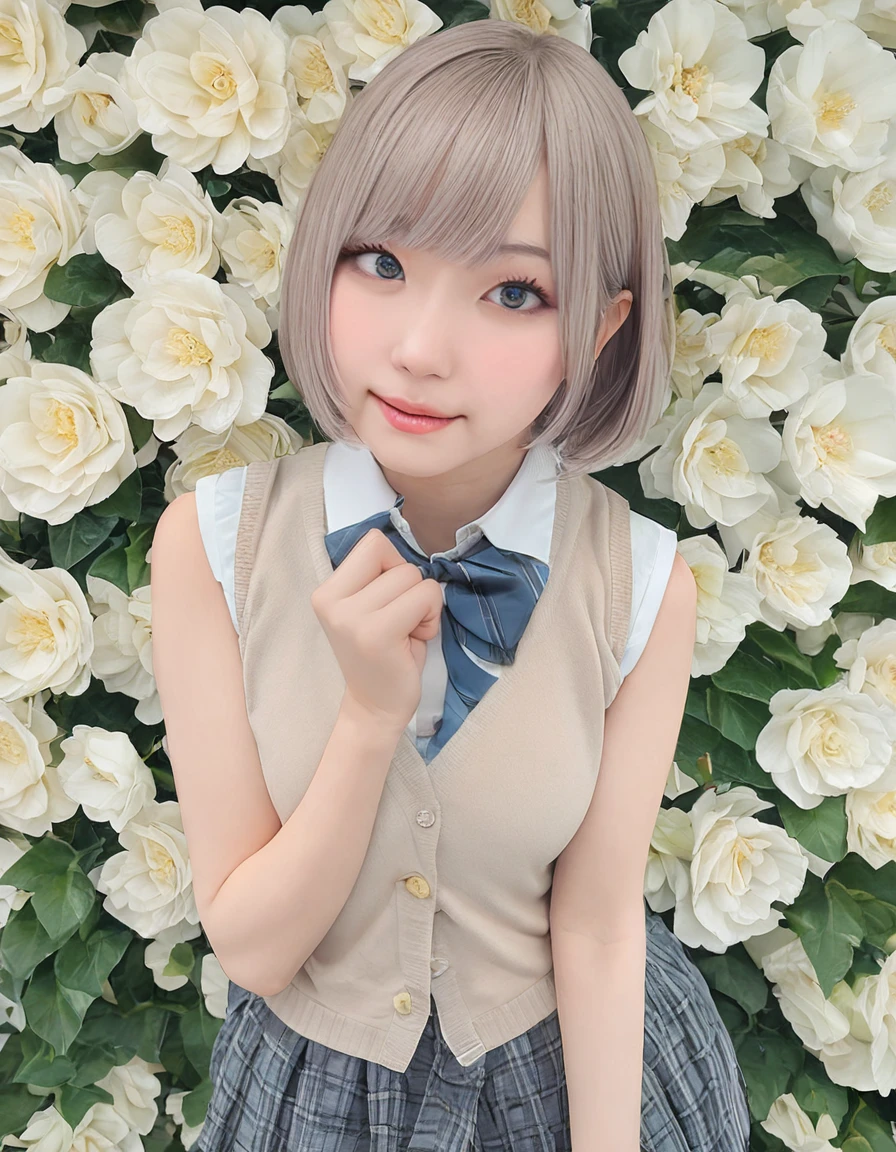 8k, RAW, masterpiece, best quality, very aesthetic, high resolution,
[:natural skin, detailed skin, (skindentation:0.3):0.5], cowboy shot,
1 girl, Korean girl, cute idol, White shirt, beige Knit vest, bowtie, loose Check skirt,
Short Bob, gray Hair, Beautifully eyes, Large eyes, Cheek, Makeup,
Flower Wall, large Flowers blooming, Ivy, <lora:WhippeMilk:0.7>