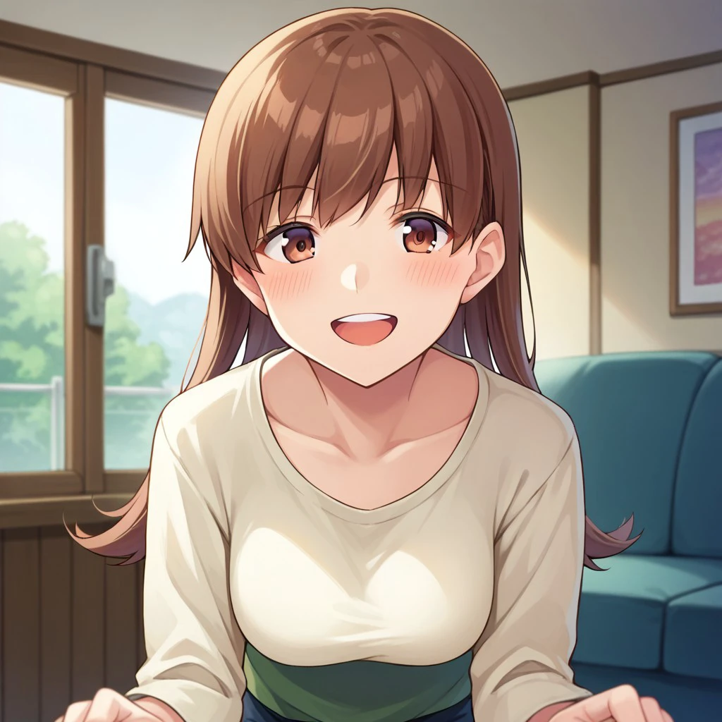 score_9, score_8, score_7, source_anime, ooi (kancolle), indoors, POV, blush, smile, open mouth, upper teeth only, living room, casual