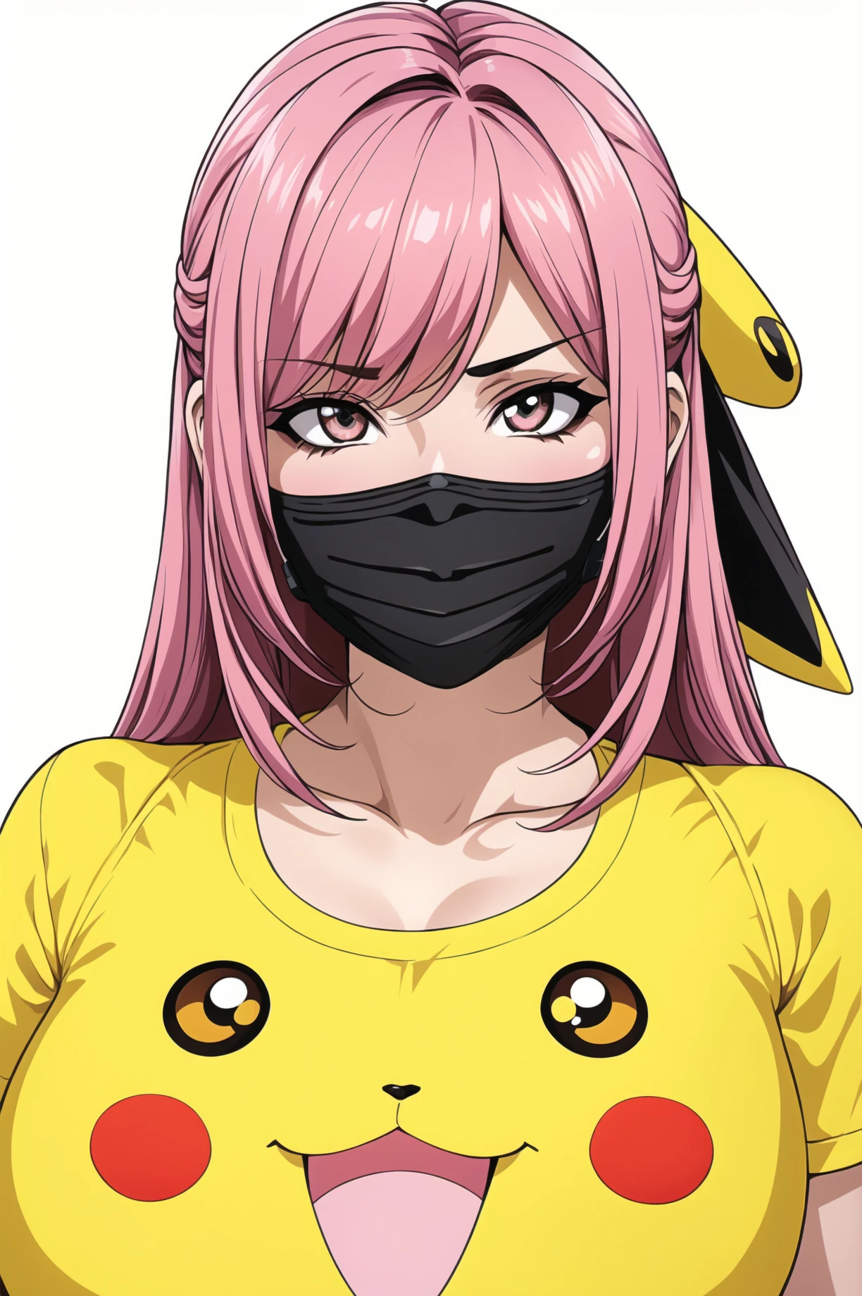 Simple Background,(White_Background:1.1),
dynamic pose,standing at attention,
yellow shirt with a pikachu face on it's chest, short sleeves, collarbone,
<lora:commute_Pikachu-KK77-V1:0.7>,(commute_Pikachu:1.1),
pink eyes, pink hair,bangs,Long hair,(Mask:1.3),
<lora:more_details:0.1>,<lora:NovelAI_YesMix5_KKStyle-KK77-Yes5-V1:0.3>,<lora:Oda_Non_Style2-KK77-Yes5-V1:0.3>,
1 girl, 20yo,Young female,Beautiful long legs,Beautiful body,
Beautiful Nose,Beautiful character design, perfect eyes, perfect face,expressive eyes,perfect balance,
looking at viewer,(Focus on her face),closed mouth, (innocent_big_eyes:1.0),(Light_Smile:0.3),
official art,extremely detailed CG unity 8k wallpaper, perfect lighting,Colorful, Bright_Front_face_Lighting,White skin,
(masterpiece:1.0),(best_quality:1.0), ultra high res,4K,ultra-detailed,
photography, 8K, HDR, highres, absurdres:1.2, Kodak portra 400, film grain, blurry background, bokeh:1.2, lens flare, (vibrant_color:1.2),professional photograph,
(Beautiful,large_Breasts:1.4), (beautiful_face:1.5),(narrow_waist),