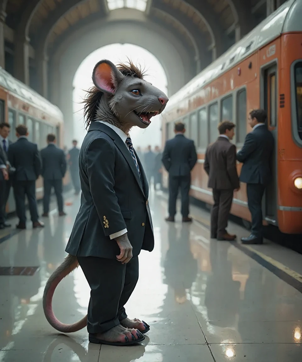 <lora:animan_01:1.2> ,animanflux,This is a highly detailed realistic candid photography depicting an anthropomorphic animal figure.In a busy train station, an anthropomorphic mouse character stands on the platform. The mouse has gray fur and black eyes, wearing a formal suit. His ears are pointed, and his tail gently sways behind him. The station is bustling with people, and the sound of train whistles and people's conversations mingle.