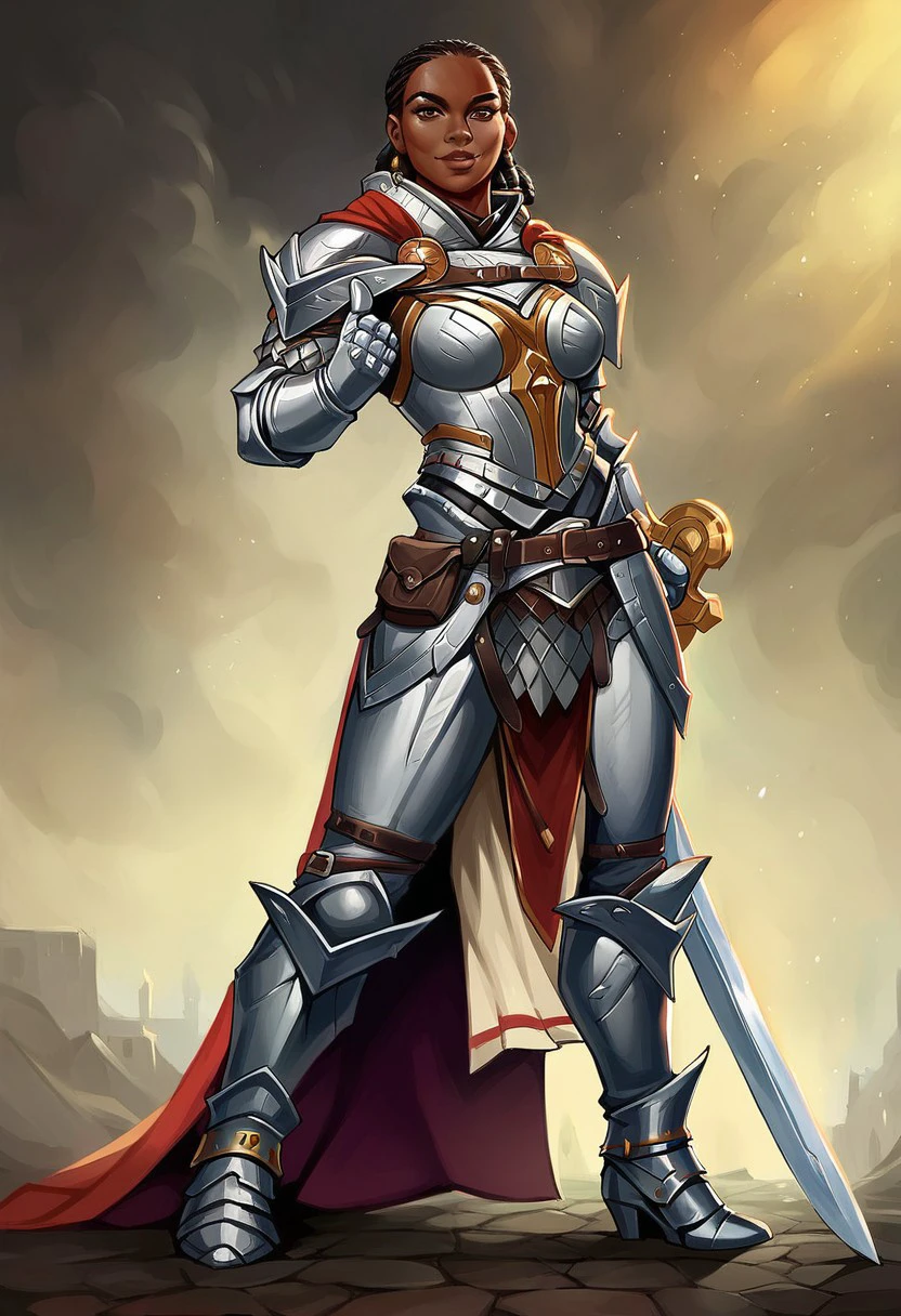 SeelahPathfinder,1girl,solo,black hair, very dark skin,dark skinned female,large breast, black hair,dreadlocks,armor,full armor,silver armor,knight armor,shoulder armor,breastplate,pauldrons,gloves,vambraces,greaves,boots,high heels,pelvic curtain,sword,lips,armor ornament,cape,shild,brown eyes,seductive pose,sexual pose,dat ass,
score_9, score_8_up, score_7_up, beautiful aesthetic, very intricate, high quality details,vibrant, highly detailed, award-winning, professional,anime artwork, anime style, studio anime, athletic, toned female,muscular milf,curvy body, athletic girl,fit girl,  round breasts, ,looking at viewer, pinup pose,teasing, dynamic lighting, cinematic, smug, better than you, aura of temptation, highly detailed, high resolution, masterpiece, detailed clother, detailed background, highly detailed, ((sound effects)) comic layout,