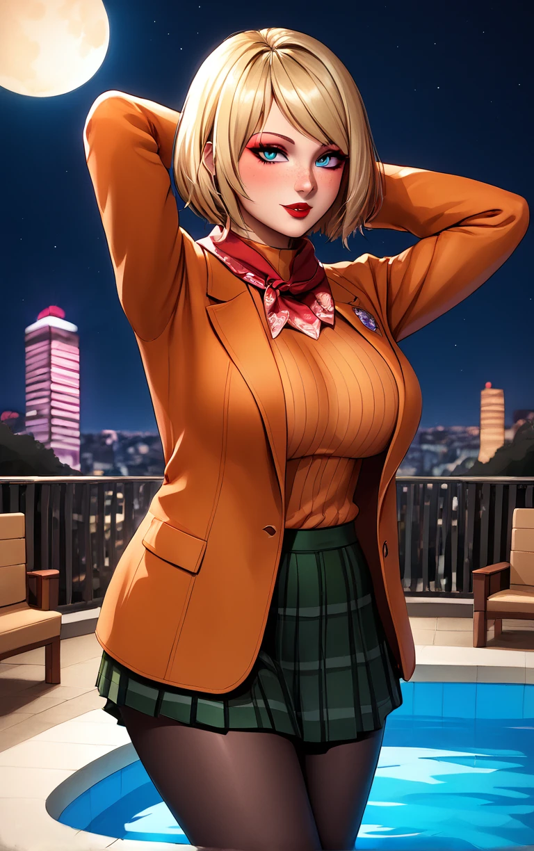 score_9, score_8_up, score_7_up, masterpiece, best quality, absurdres,  solo, BREAK
MainOutfit_Ashley_ownwaifu, 
1girl, blue eyes, short hair, blonde hair, lips, freckles, jewelry, bob cut, necklace, nose, bangs, large breasts, red lips, eyelashes, lipstick, makeup, 
red scarf, brown coat, orange sweater, ribbed sweater, black pantyhose, plaid skirt, green skirt, miniskirt, pleated skirt, turtleneck, blazer, long sleeves, orange jacket, open coat,
(contrapposto, arms behind head), neon_lights, cityscape, night, pool, full moon, outdoors, <lora:PONYXL_ResidentEvil4Remake_Ashley_ownwaifu:0.9> , depth of field