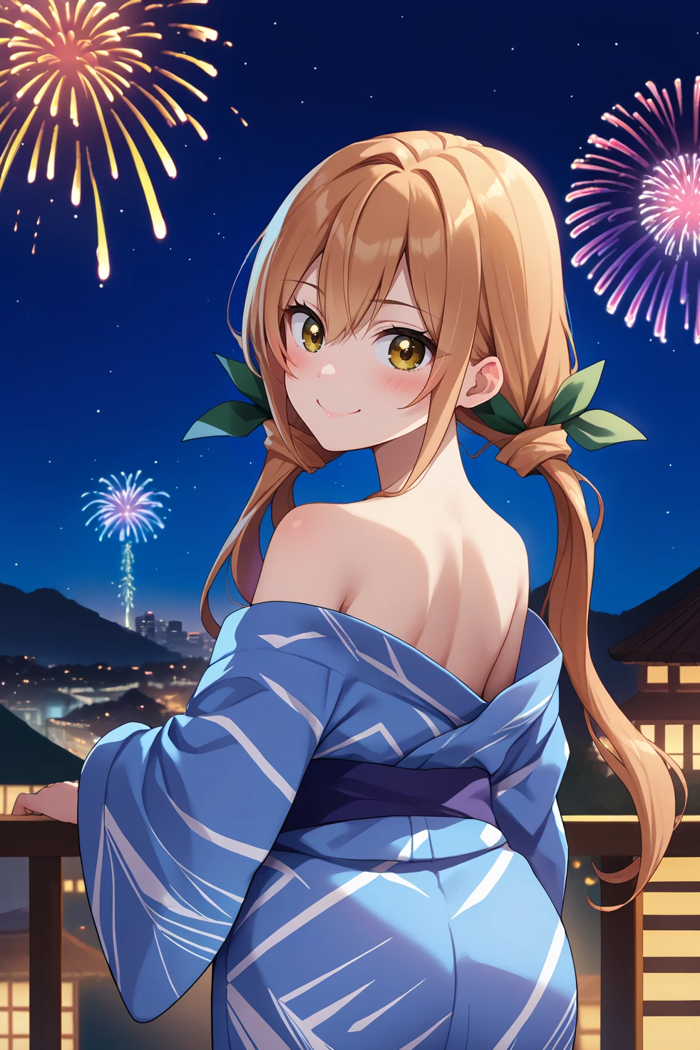 score_9, score_7_up, source_anime, from behind, cowboy shot, looking at viewer, smile, blush, indkrn, brown hair, yellow eyes, hair between eyes, low twintails, hair ribbon, yukata, off shoulder, outdoors, night, fireworks, skyline, <lora:Hoseki_100Girlfriends_KaraneInda_PDXL_v1:1>