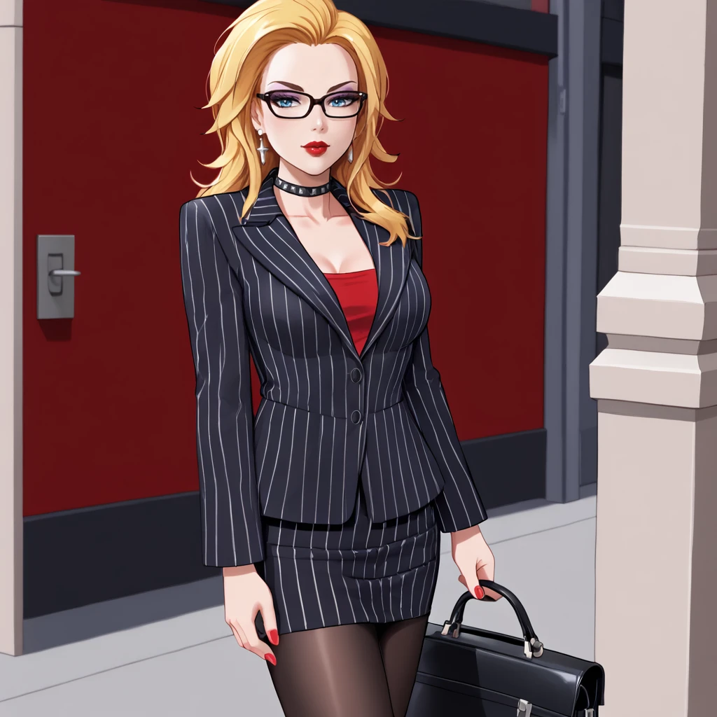 <lora:mariandoubledragonneon_pony_v1:.75> MarianDoubleDragonNeon, 1girl, solo, blonde hair, blue eyes, makeup,  lipstick, medium breasts, nail polish, long legs, lips,  red nails, eyeshadow, cowboy shot, <lora:0856 OL professional suit skirt 1_v1_pony:1> ruanyi0856,striped jacket,choker,black pantyhose,striped skirt,glasses,black skirt,pinstripe pattern