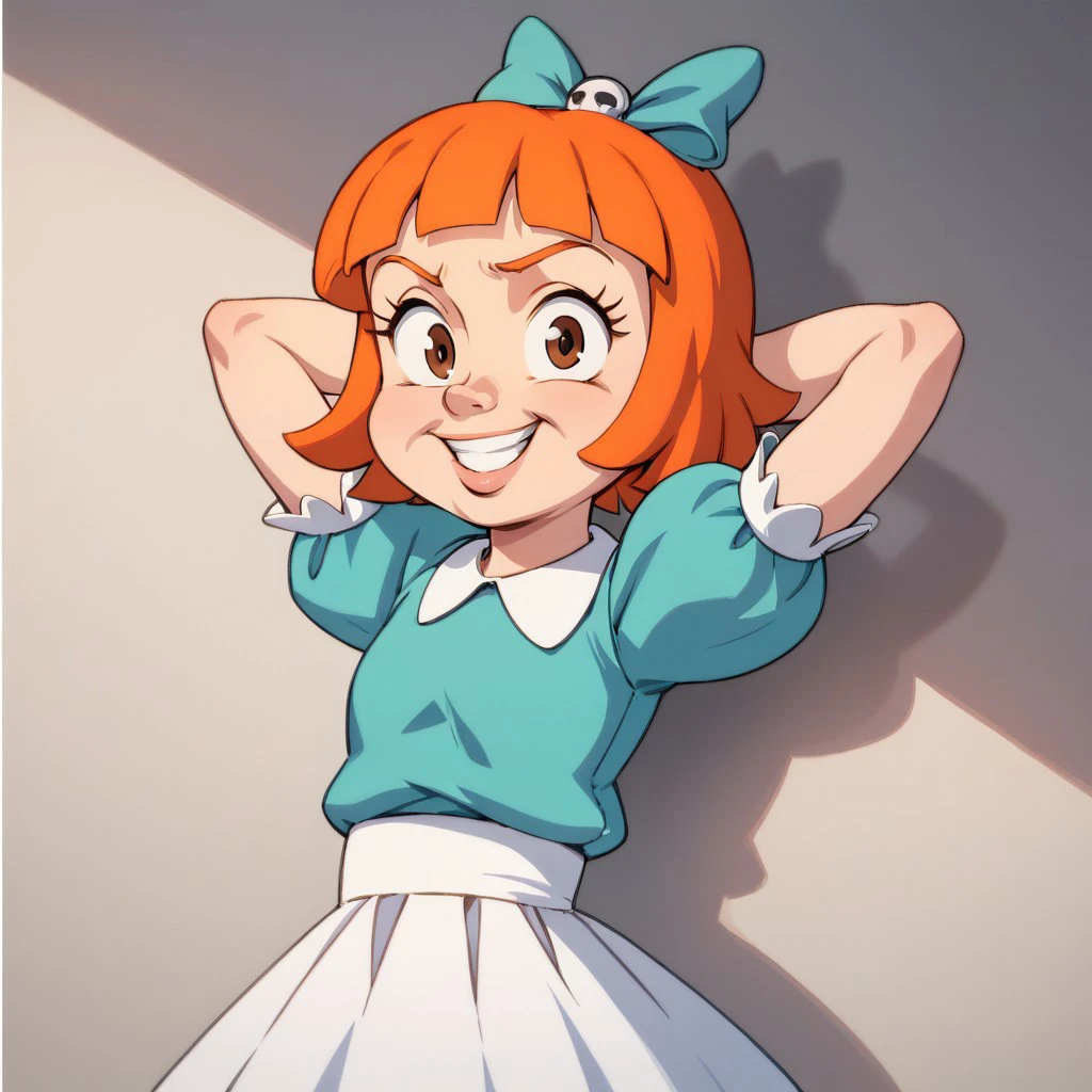 score_9, score_8, score_7, break, female child, elmyra_tta, orange hair, short hair, hair bow, puffy sleeves, skirt, hands behind head, looking at viewer,