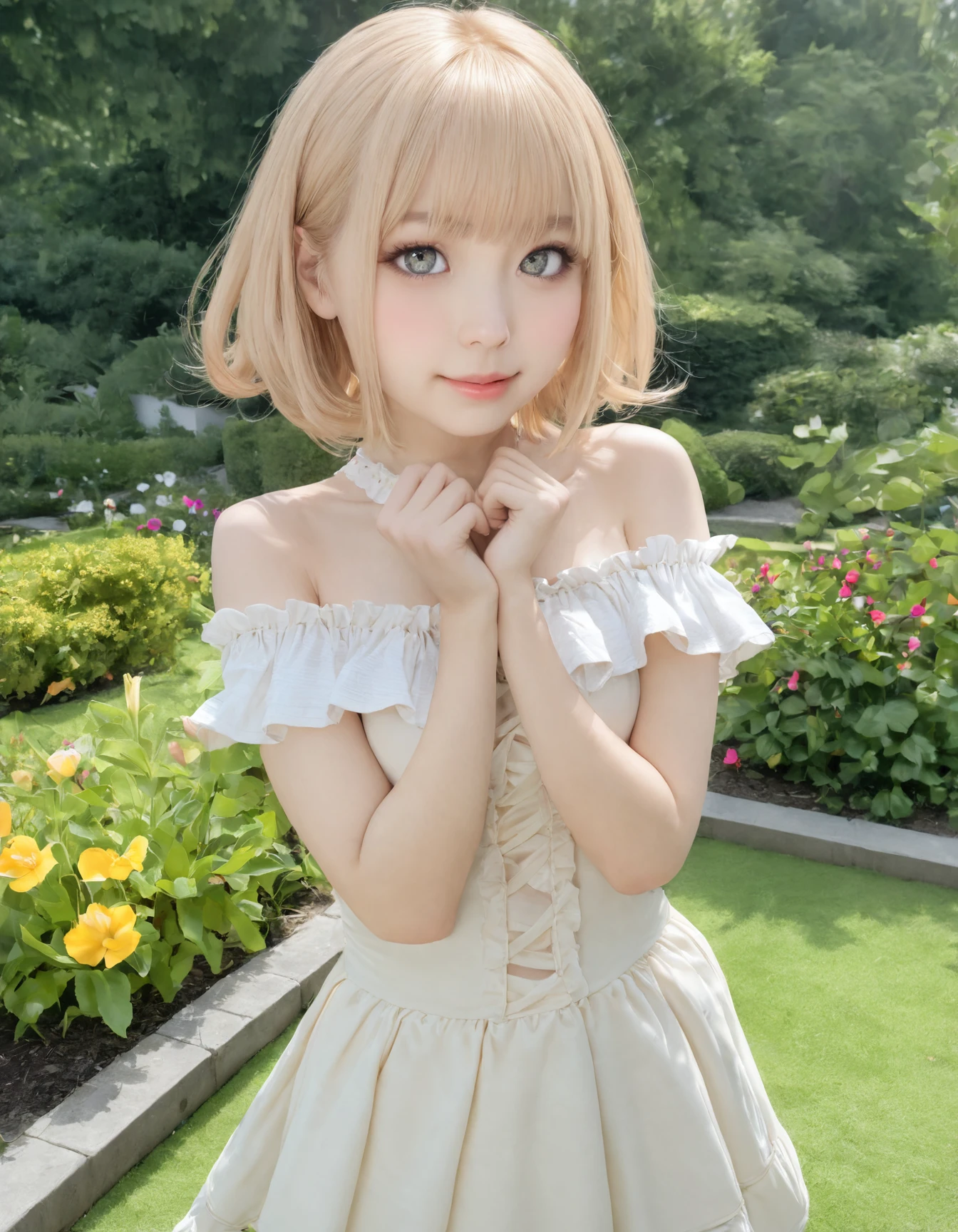 8k, RAW, masterpiece, best quality, very aesthetic, high resolution,
[:natural skin, detailed skin, (skindentation:0.3):0.5], cowboy shot,
1 girl,  japanese , cute idol, Short Bob beige Hair, Beautifully detailed Large eyes,
off-shoulder, White frill blouse, ribbon, Cheek, Makeup,
(garden, Flowers blooming:1.3), Lots of flowers  <lora:WhippeMilk:0.7>