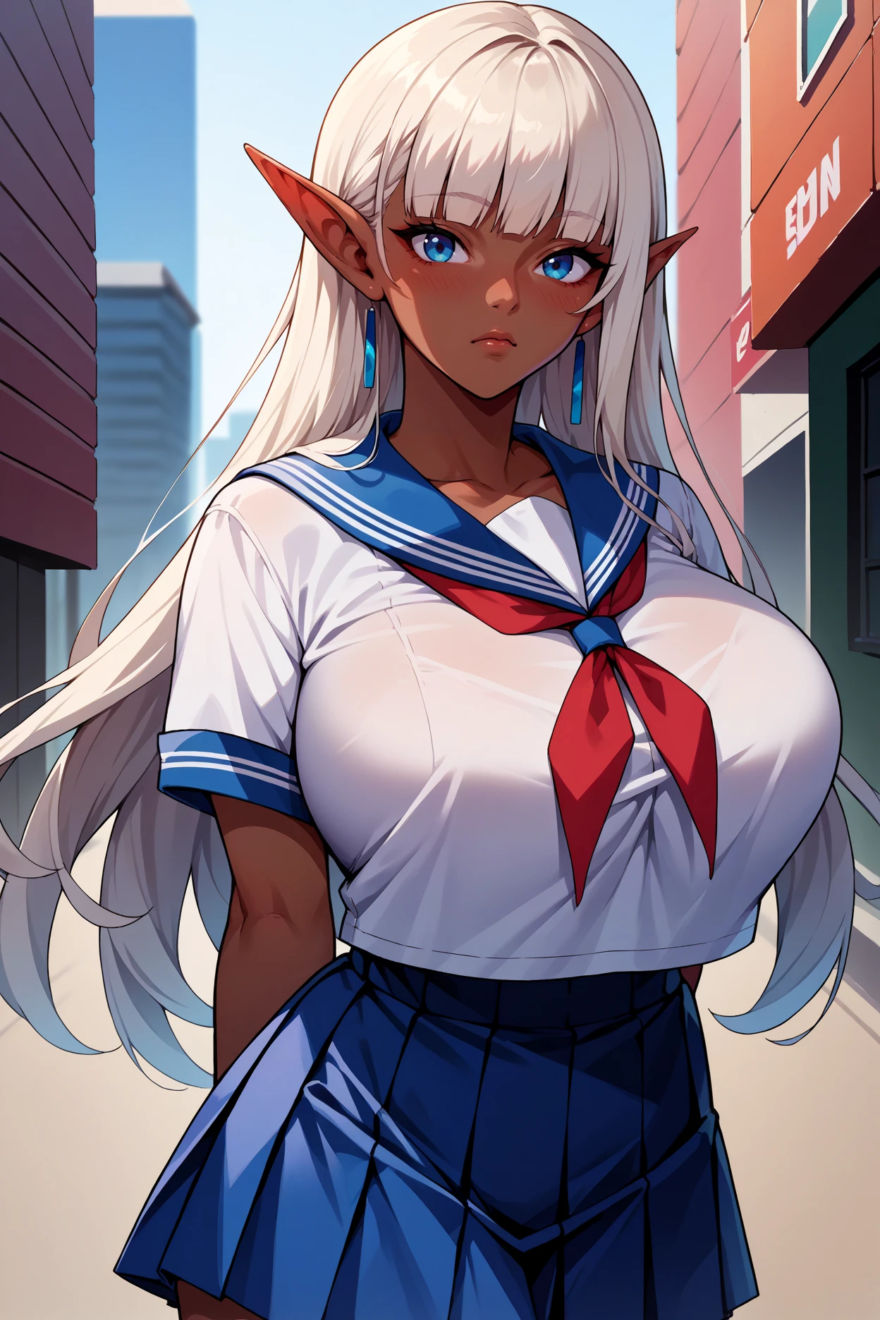 score_9, score_8_up, score_7_up, score_6_up, source_anime, 1girl, solo, <lora:eleonor-pdxl-nvwls-v1-000005:1> eleonor, dark-skinned female, white hair, very long hair, blunt bangs, pointy ears, blue eyes, earrings, huge breasts, white shirt, short sleeves, sailor collar, neckerchief, pleated skirt, looking at you, arms behind back, blush, city