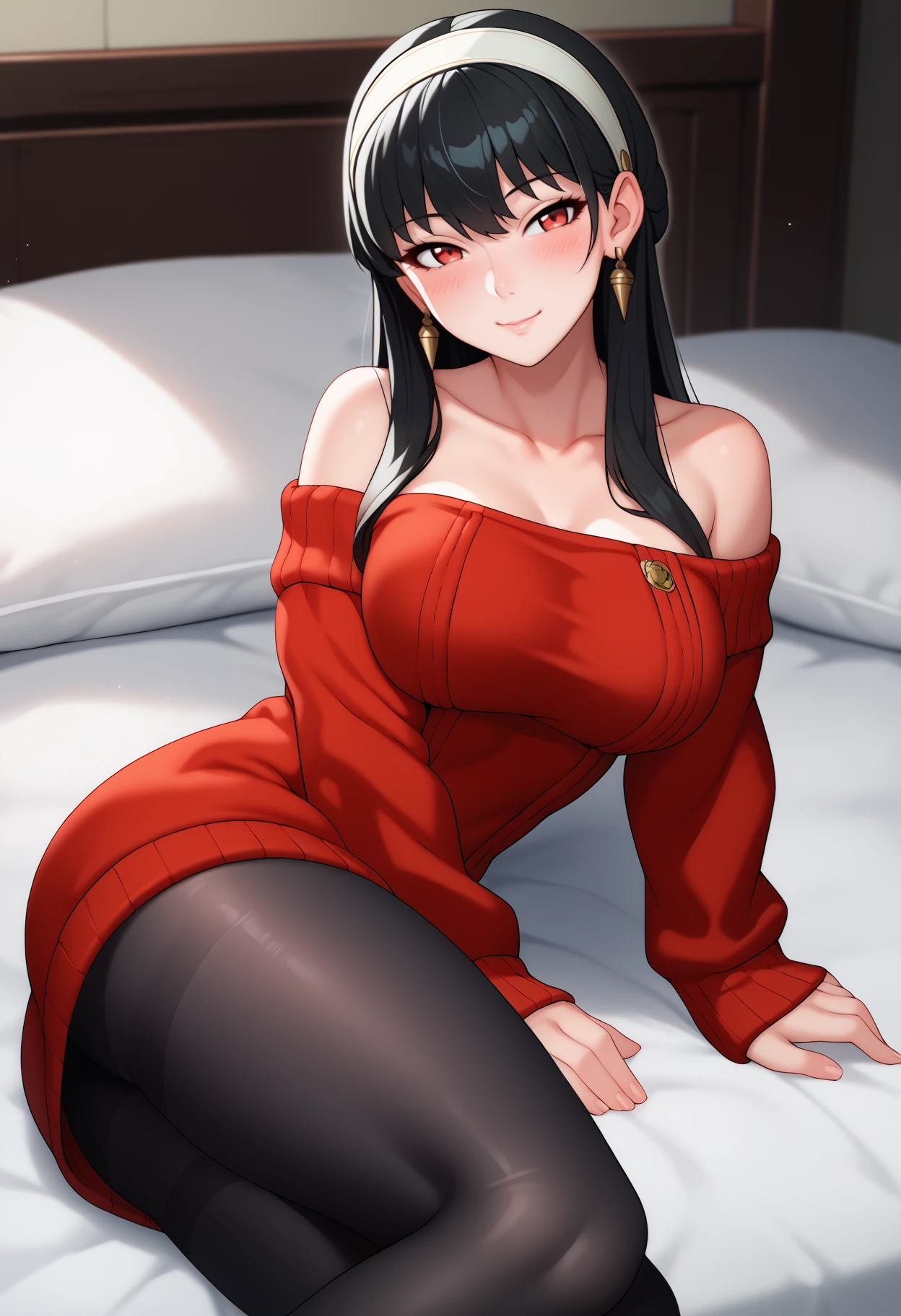 score_9, score_8_up, score_7_up, source_anime, <break> solo, 1girl, y0rdef, blush, seductive smile, looking at you, lying, on side, black hair, white hairband, red eyes, half-closed eyes, red sweater, sweater dress, off-shoulder sweater, long sleeves, black pantyhose, gold earrings, bare shoulders, collarbone, large breasts, ass, indoors, bed
<segment:yolo-face_yolov8m.pt,0.4,0.5//cid=1>