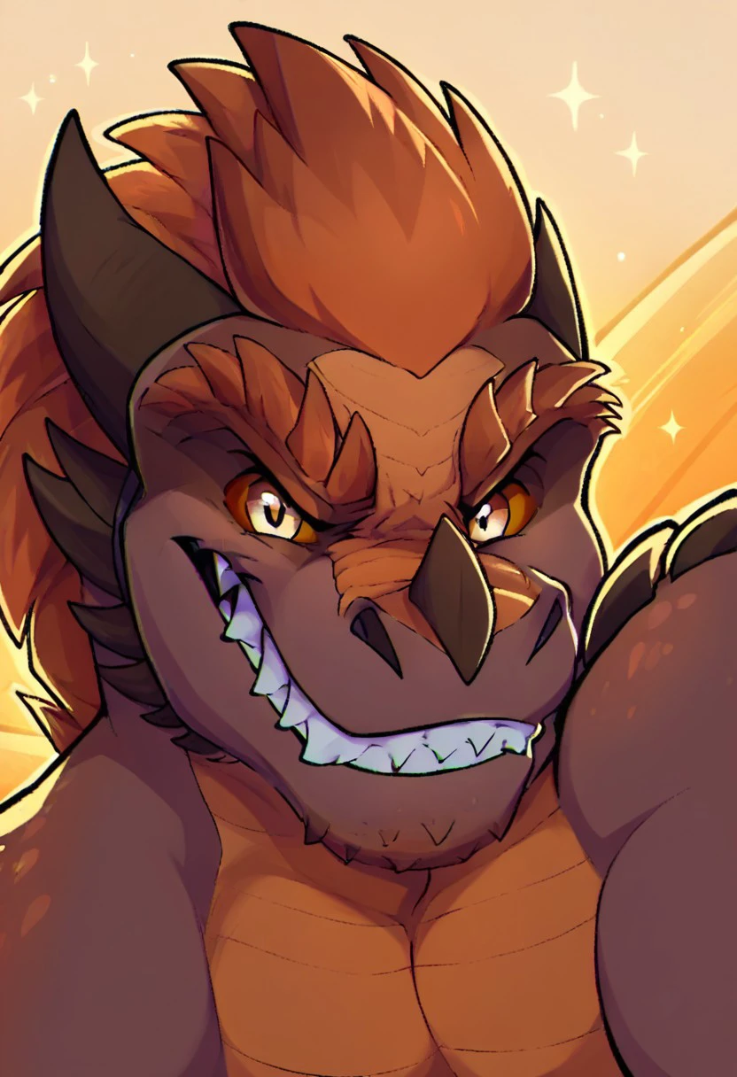 score_9, score_8, score_7, source_furry, kane (kabscorner), thick eyebrows, looking at viewer, sharp teeth, mohawk, bara, yellow sclera, colored skin, grin, claws, snout