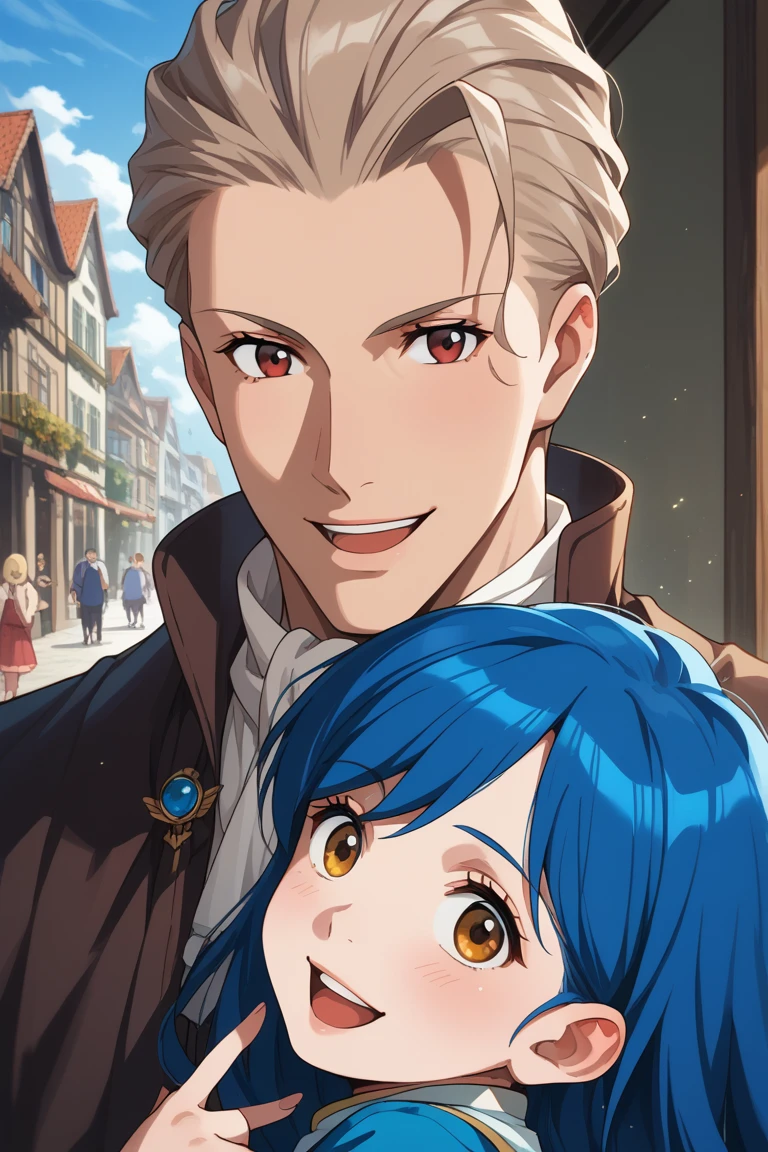 score_9, score_8_up, score_7_up, source_anime, rating_safe, day, natural lighting, father and daughter focus, selfie, BennoABW, light brown_Benno_slicked back hair, open mouth, 1boy, MyneABW, blue_Maine_long hair, wide smile, 1female child, intricately detailed illustration