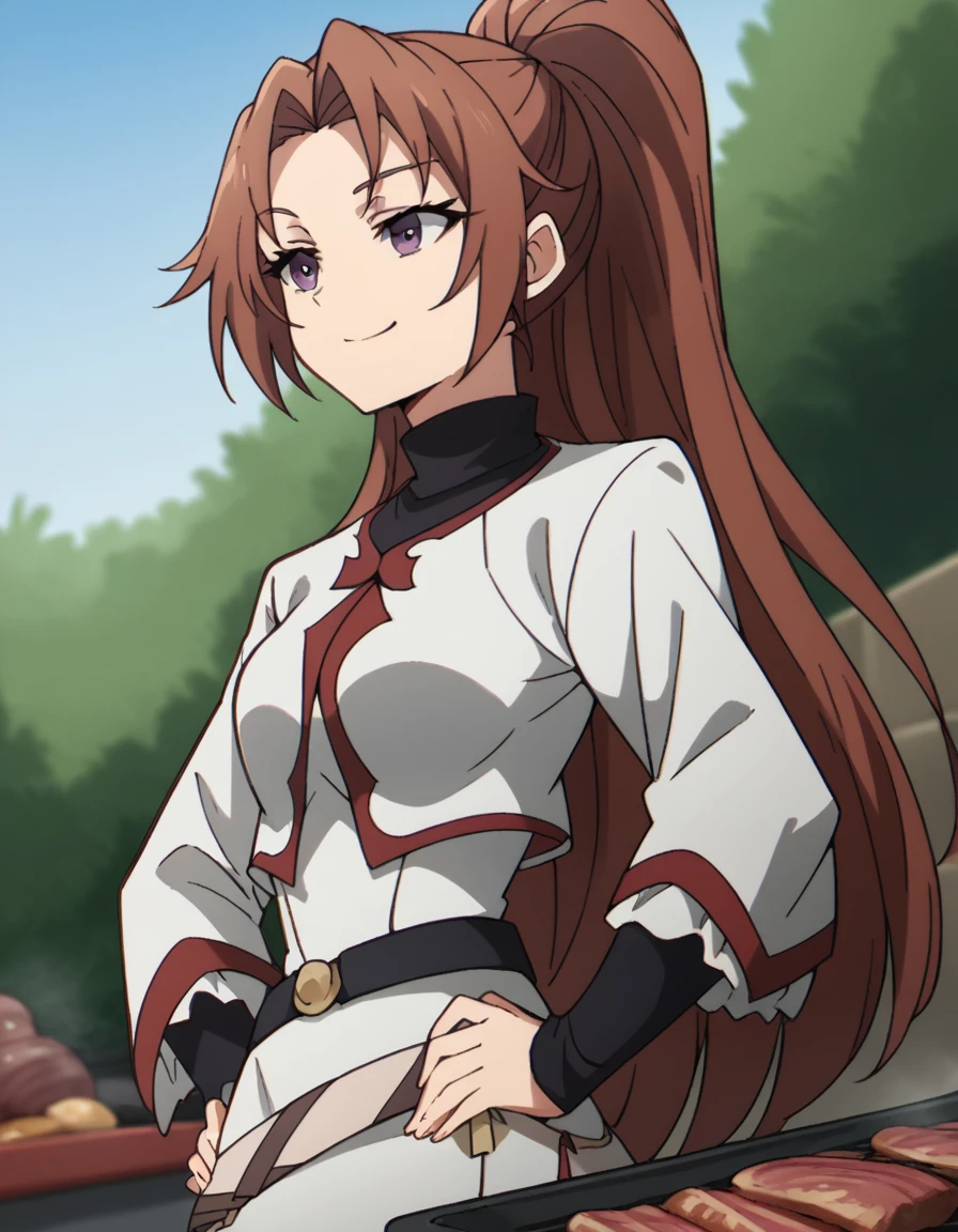 score_9, score_8_up, score_7_up, source_anime, <lora:apprentice-cleric-s2-ponyxl-lora-nochekaiser:1>, apprentice cleric, long hair, brown hair, purple eyes, ponytail, parted bangs, medium breasts,, dress, belt, long sleeves,, backyard, barbecue, grilling, laughter, summer evening, , , smug, hands on hips,, solo,, cowboy shot, dutch angle