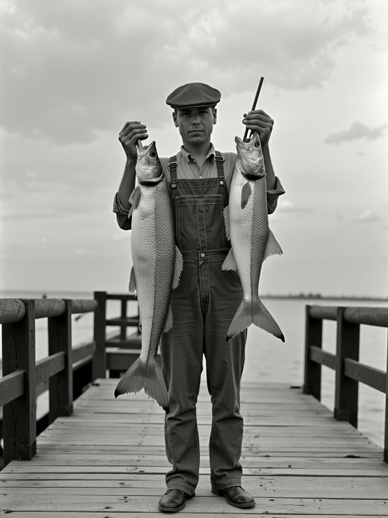 in the style of depression era, portrait of a fisherman proudly holding a large catch at the end of a pier.  Photo circa summer 1932, Wyoming museum of journalism archival photography