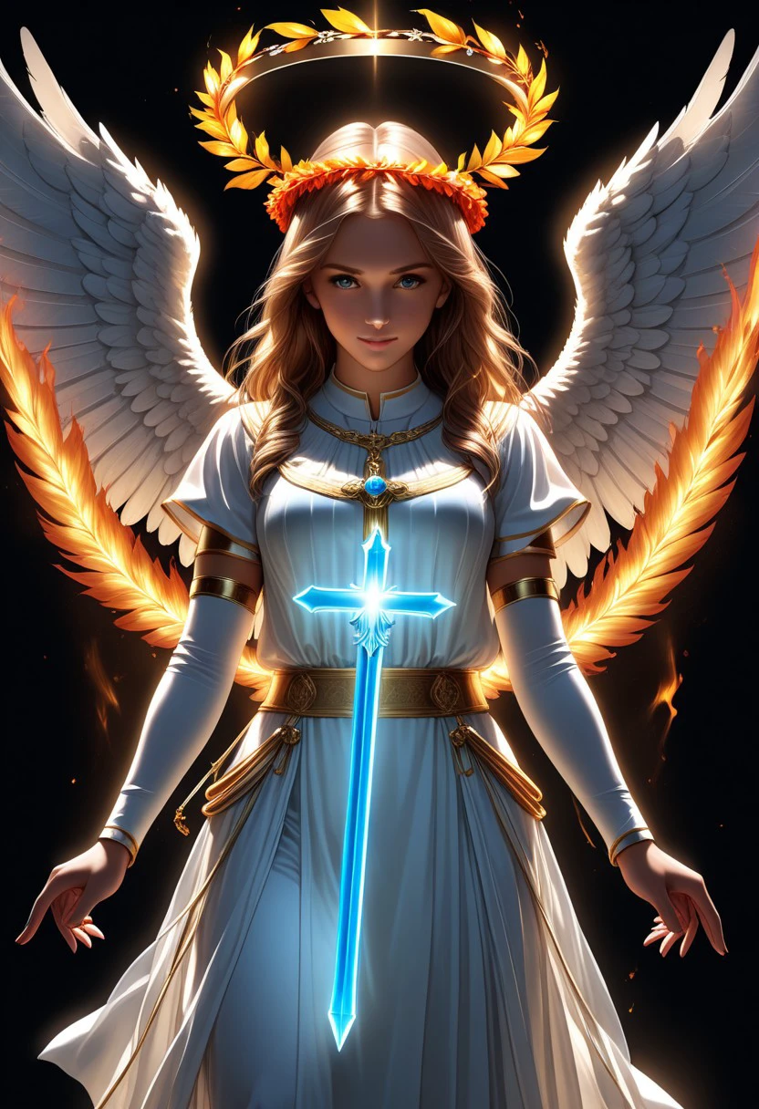 ultra realistic image with high resolution and stable focus correct and accurate anatomy, perfect detail of neon divine angel, sense of divinity, beauty, humility, wings, halo, flaming sword, laurel wreath, bible, gospel