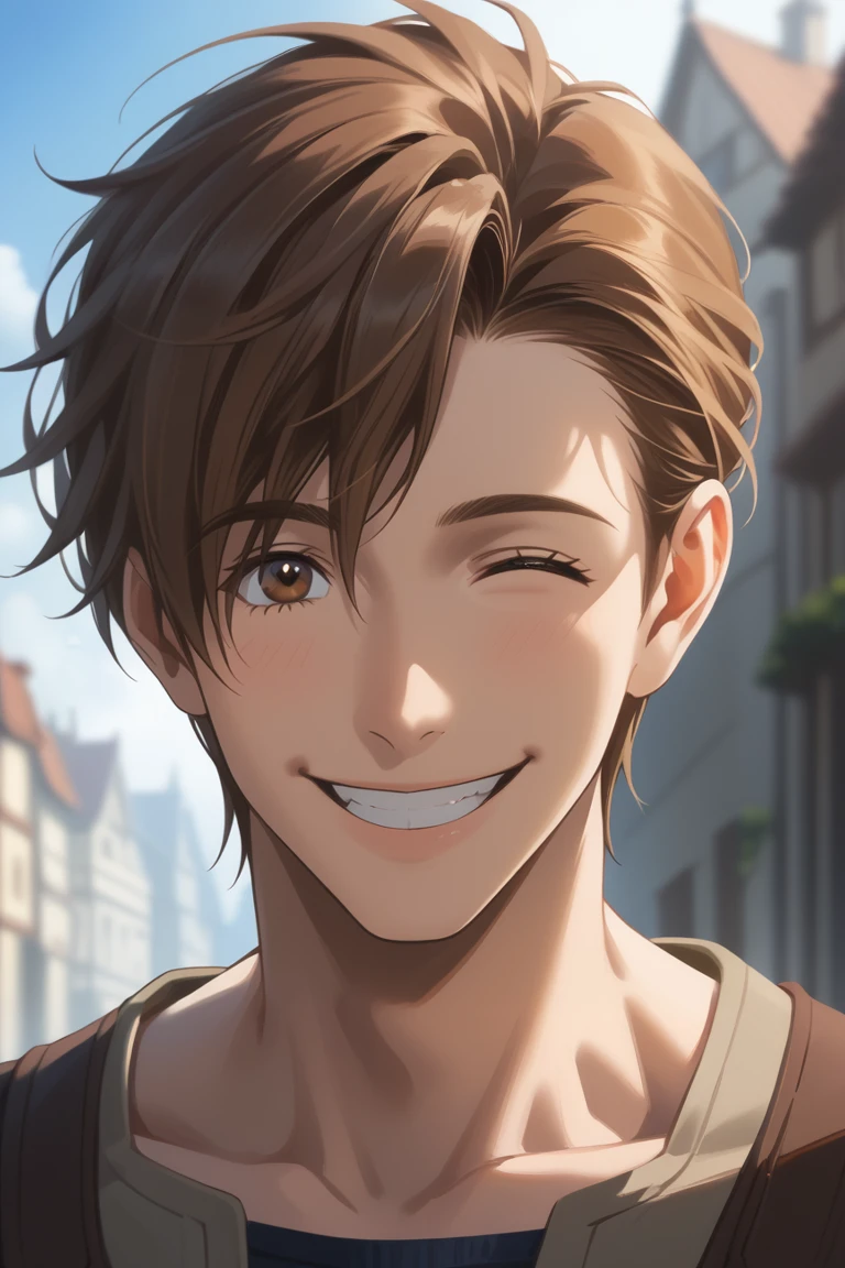 score_9, score_8_up, score_7_up, source_anime, rating_safe, day, natural lighting, male focus, looking at viewer, closed eyes, OttoABW, brown_Otto_hair, brown_Otto_eyes, collarbone, teeth, wide smile, happy, 1boy, intricately detailed illustration, blurry outdoors, depth of field, atmospheric perspective