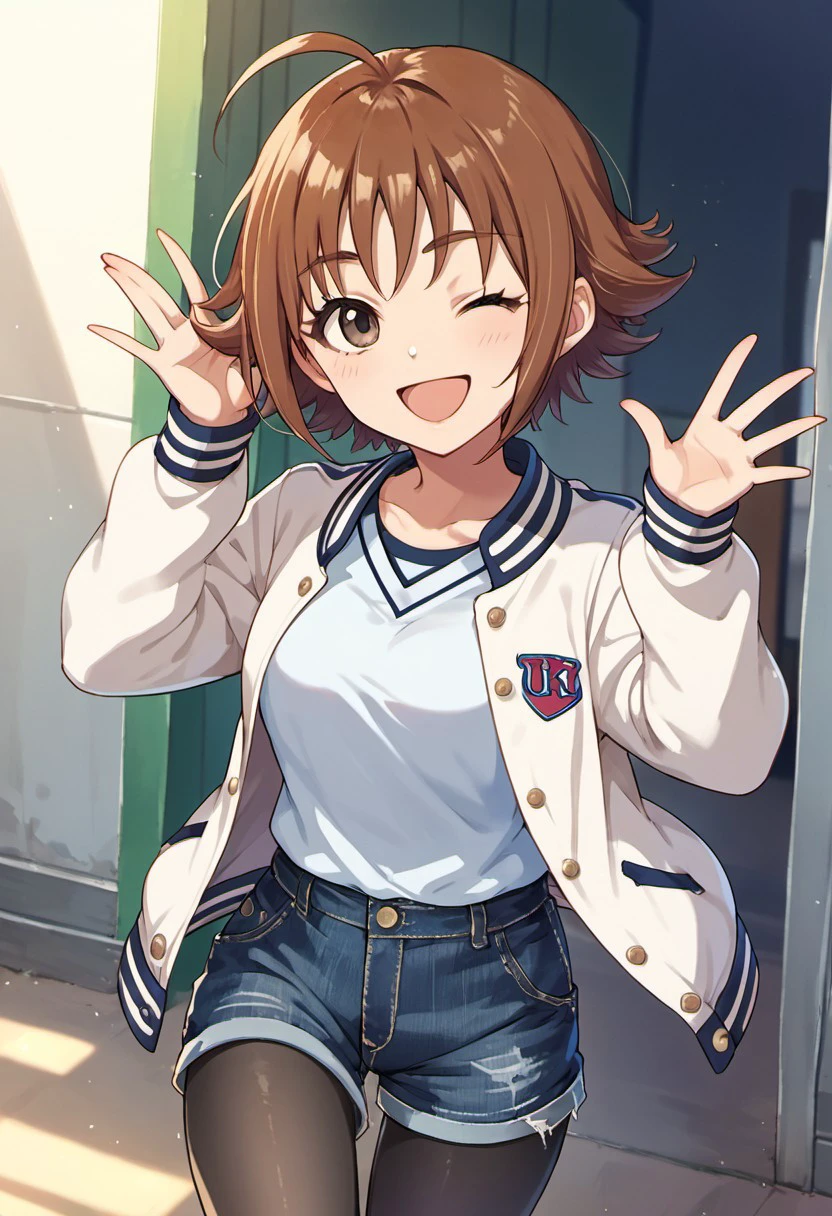 score_9, score_8_up, score_7_up, source_anime, nishijima kai, short hair, brown hair, smile, ahoge, brown eyes, 1girl, solo, one eye closed, shorts, pantyhose, letterman jacket, jacket, open mouth, denim shorts, denim, black pantyhose