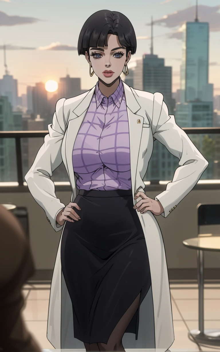 (masterpiece, best quality:1.4), insaneres, absurdres, solo, looking at viewer,BREAK 
Main_JoJoStardustCrusade_Nurse_ownwaifu,
1girl, black eyes, black hair, shirt tucked in, short hair, jewelry, large breasts, lipstick, bangs, lips, hoop earrings, makeup, bob cut, mature female, long coat,
black pantyhose, black skirt, checkered clothes, collared shirt, earrings, lab coat, labcoat, long sleeves, purple shirt, pencil skirt,
(contrapposto, hand on hip), sunset, sidelighting, cityscape, outdoors, <lora:ANIME_JoJoStardustCrusade_Nurse_ownwaifu:1> , depth of field, solo,