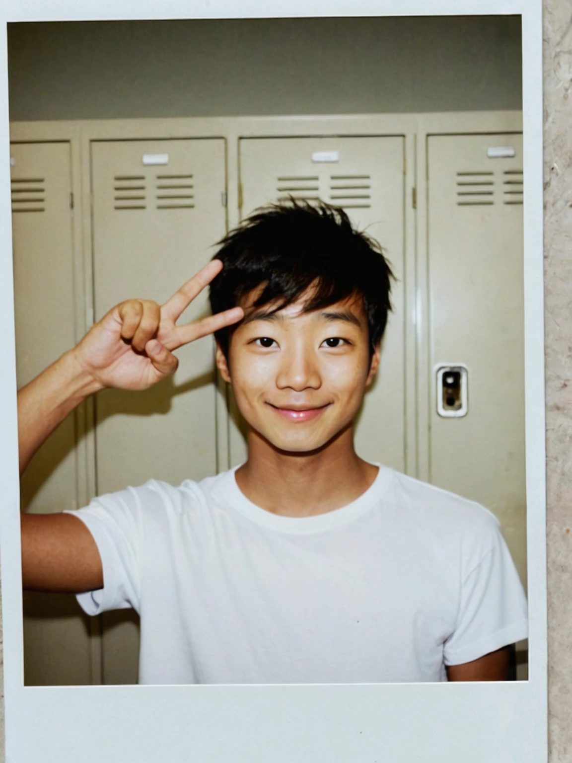 score_9, score_8_up, score_7_up, score_6_up, realistic,
1boys, male focus, half-body shot, smile,
young adult man, (hair bang:1.3), male hairstyle, Asian male, (japanese man:1.2), thin, lean body, t-shirt,
polaroid_photo, victory hand gesture, locker room