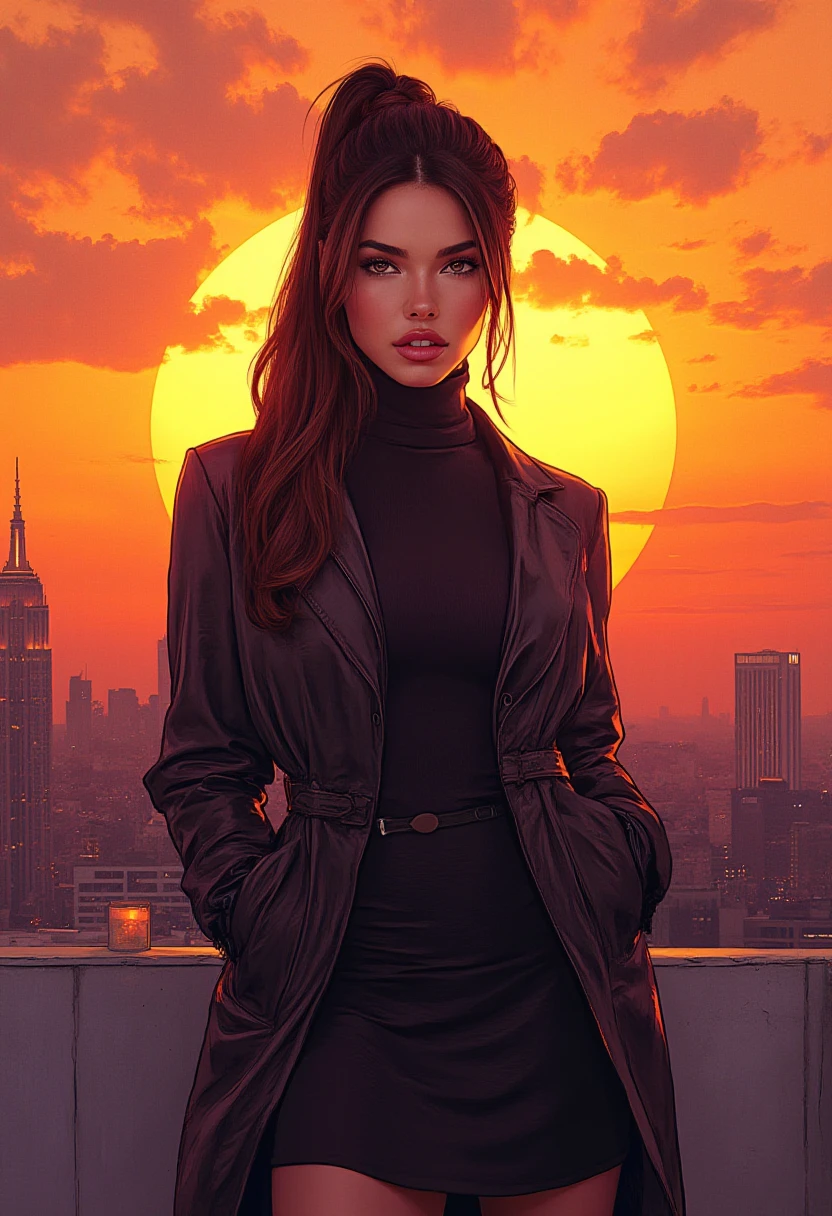 woman, heavy makeup, direct eye contact, A vibrant comic book-style illustration of a woman standing on a rooftop at sunset. She’s wearing a modest, long-sleeved jacket over a turtleneck and a knee-length skirt, her hair pulled back in a tight bun. The colors are bold, with dramatic shadows and dynamic poses typical of comic art