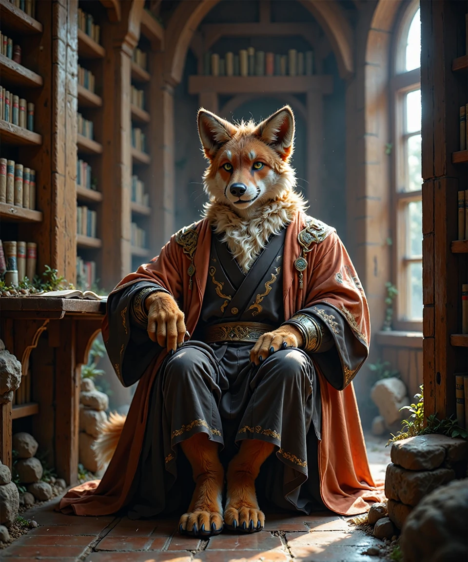 <lora:animan_01:1.2>,animanflux,This is a highly detailed realistic candid photography depicting an anthropomorphic animal figure.In an ancient library, an anthropomorphic fox character sits at a massive oak desk. The fox has soft orange fur and sharp green eyes, wearing a dark brown robe embroidered with golden patterns. His ears are pointed, and his tail gently sways behind him. The library is filled with tall bookshelves, stacked with various ancient books and scrolls. Sunlight spills through the tall windows, casting a quiet and mysterious atmosphere over the fox.