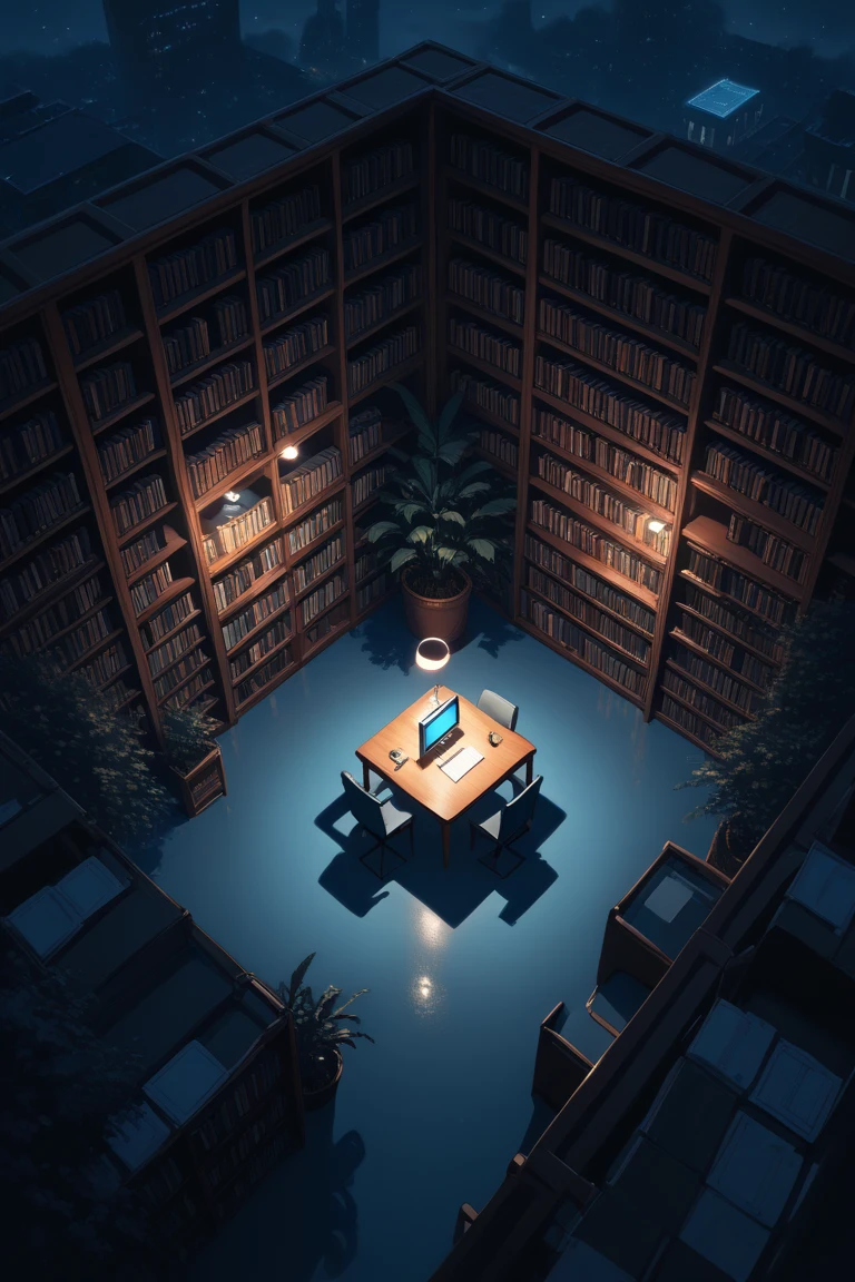 score_9, score_8_up, score_7_up, source_anime, rating_safe, night, natural lighting, library focus, library_bookshelf, no humans, intricately detailed illustration, Candilib, from above, negative space, blue theme