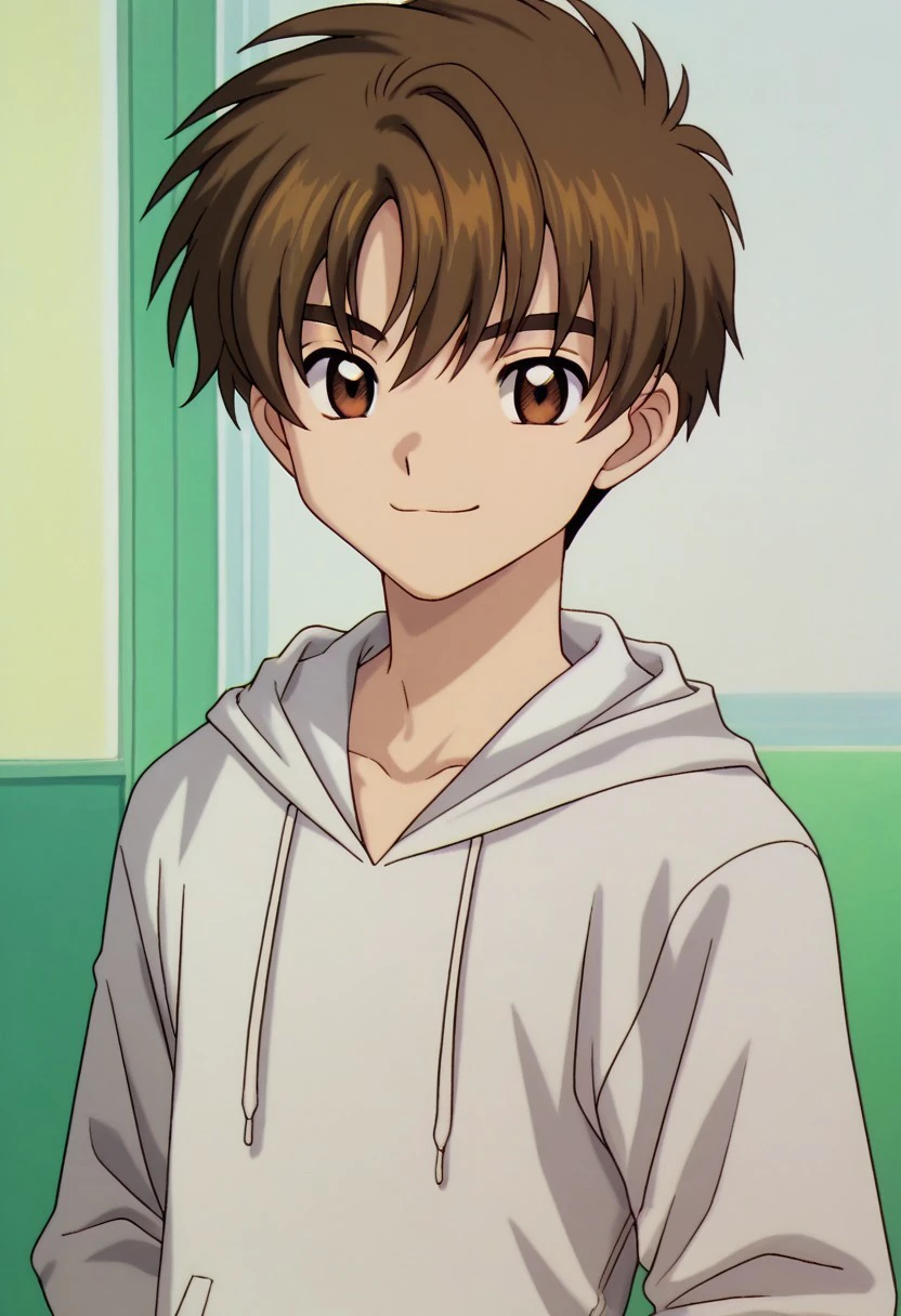 score_9, score_8_up, score_7_up, source_anime, highly detailed, 
syaoran, 1boy, male focus, solo, brown hair, brown eyes, hoodie, hood, smile
indoor,