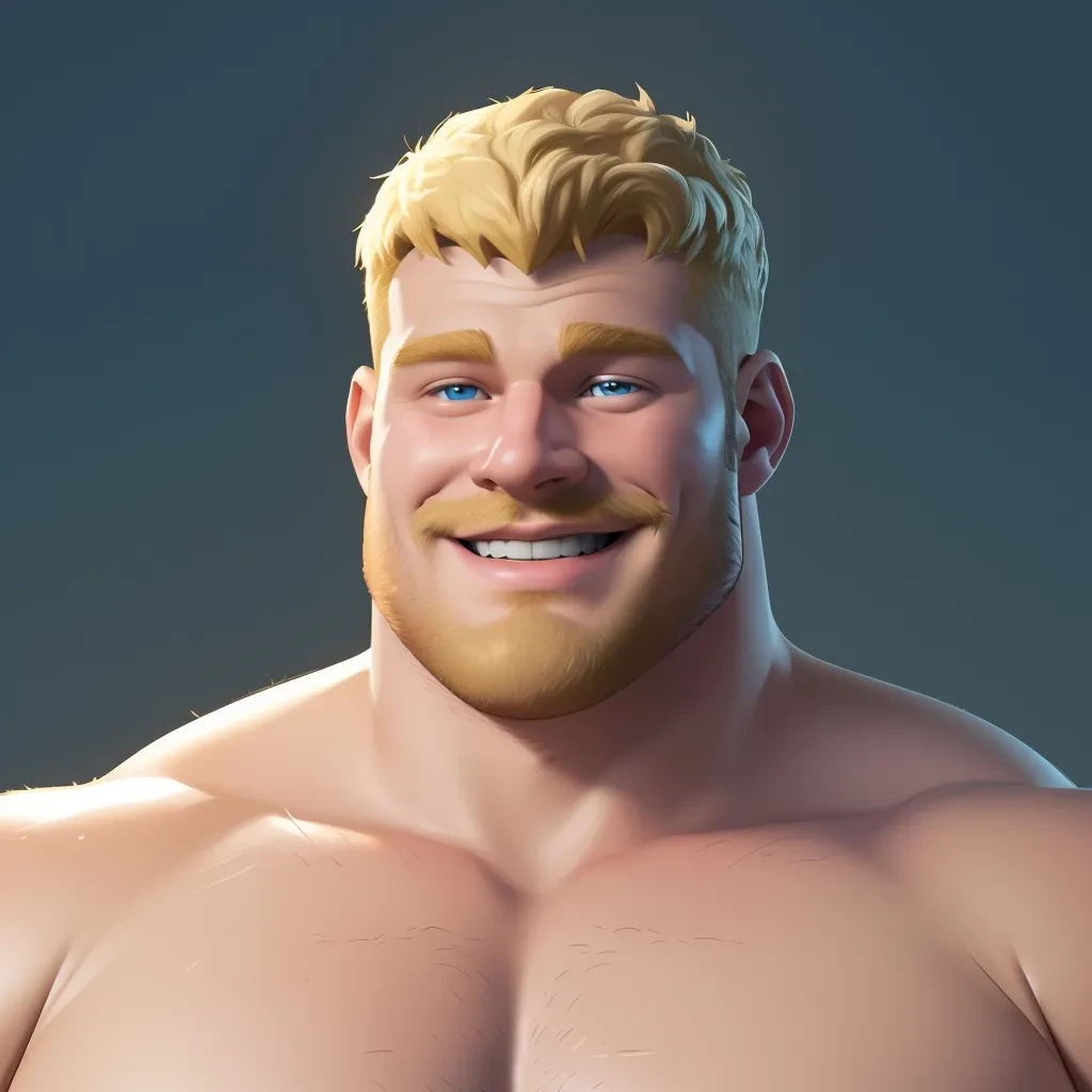  solo 3d render, role-playing game (RPG) style fantasy, reminiscent of high fantasy RPG games, dramatic, bold line art, portrait, featuring handsome man with 
(blue eyes, blond, blonde hair, <lora:skin_tone_slider_v1:-2> ):1.5, (shirtless, topless):1.5, happy512 happy, smiling, detailed face, large man, tall man, giant man, huge thighs, masculine, alpha male, dominant, self-assured, bara, looking at viewer, BrutalMass, vascular, veins, body hair, hairy, hairy chest, hairy arms, hairy legs, vibrant colors, gay, rainbow colors, masterpiece, concept art, illustration, digital painting, trending on artstation, deviantart, (2.5D, 3d, cgi, render, blender, toon shading, cel shading), <lora:weight_slider_v2:1><lora:BrutalMass2:0.2>