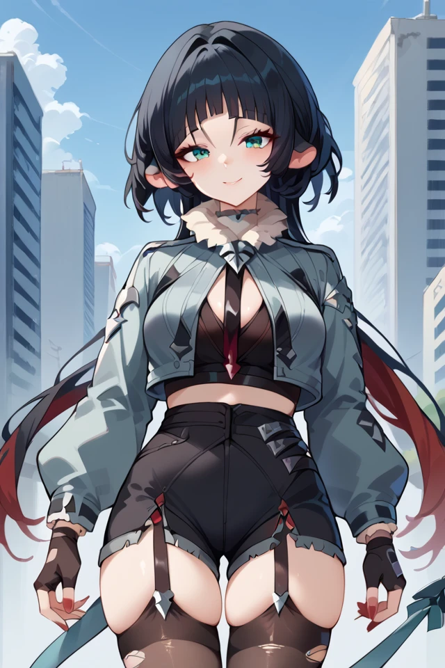 score_9, score_8_up, score_7_up, 1girl, solo, jane doe (zenless zone zero), zenless zone zero, animal ears, (aqua eyes), black gloves, black hair, black pantyhose, black shorts, black thighhighs, cowboy shot, fake nails, fingerless gloves, fur-trimmed jacket, fur trim, garter straps, gloves, grey jacket, jacket, long hair, looking at you, multicolored hair, pantyhose, red hair, red nails, shorts, tail, thighhighs, thighs, torn clothes, torn pantyhose, torn thighhighs, two-tone hair, nature background, sexy, erotic, seductive smile, big breasts, <lora:Jane Doe ZzzPonyXL-10:1>