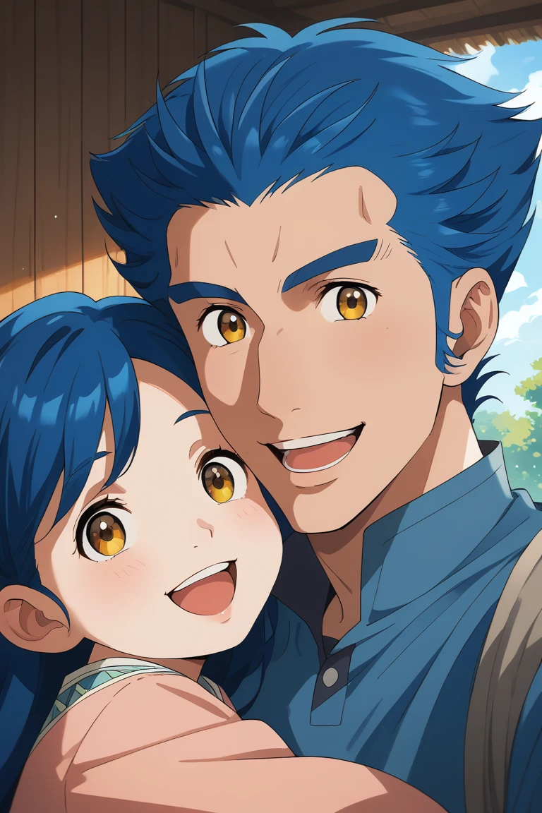 score_9, score_8_up, score_7_up, source_anime, rating_safe, day, natural lighting, father and daughter focus focus, selfie, GuntherABW, blue_Gunther_short hair, [[brown_male eyes]], open mouth, 1boy, MyneABW, blue_female hair, yellow_female eyes, wide smile, 1female child, intricately detailed illustration