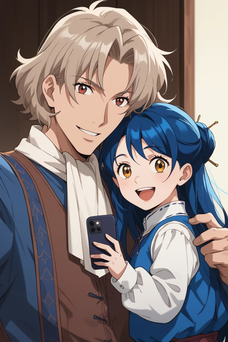 score_9, score_8_up, score_7_up, source_anime, rating_safe, day, natural lighting, father and daughter focus, selfie, BennoABW, light brown_Benno_male hair, open mouth, 1boy, MyneABW, blue_Maine_long hair, wide smile, 1female child, intricately detailed illustration