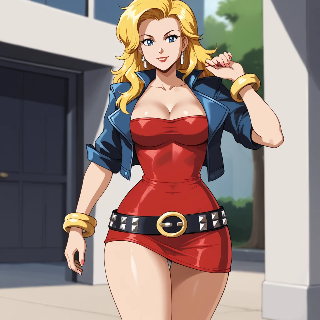 <lora:mariandoubledragonneon_pony_v1:.7>  MarianDoubleDragonNeon, 1girl, solo, large breasts, blonde hair, loose belt, short dress, cleavage, narrow waist, long hair, blue eyes, cropped jacket, retro artstyle, red dress, bracelet, jewelry, thighs, wide hips, strapless, cowboy shot