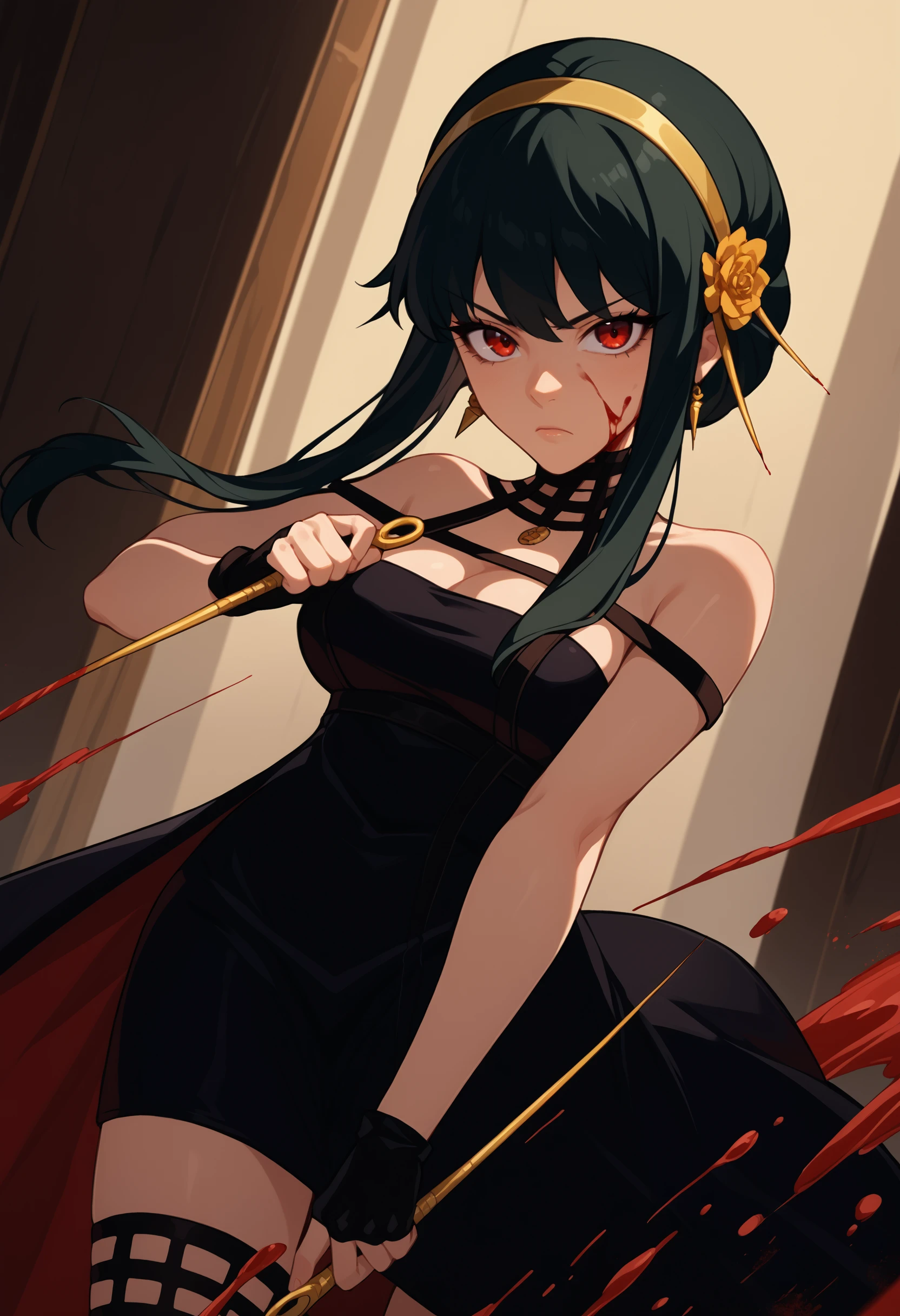 score_9, score_8_up, score_7_up, source_anime, <break> solo, 1girl, th0rnpr1ncess, blood, blood on face, serious, looking at you, holding weapon, knife, dual wielding, reverse grip, stiletto \(weapon\), black hair, red eyes, hair ornament, gold hairband, hair flower, black dress, two-sided dress, two-sided fabric, sleeveless dress, black gloves, fingerless gloves, black thighhighs, bare shoulders, cleavage, large breasts, gold earrings