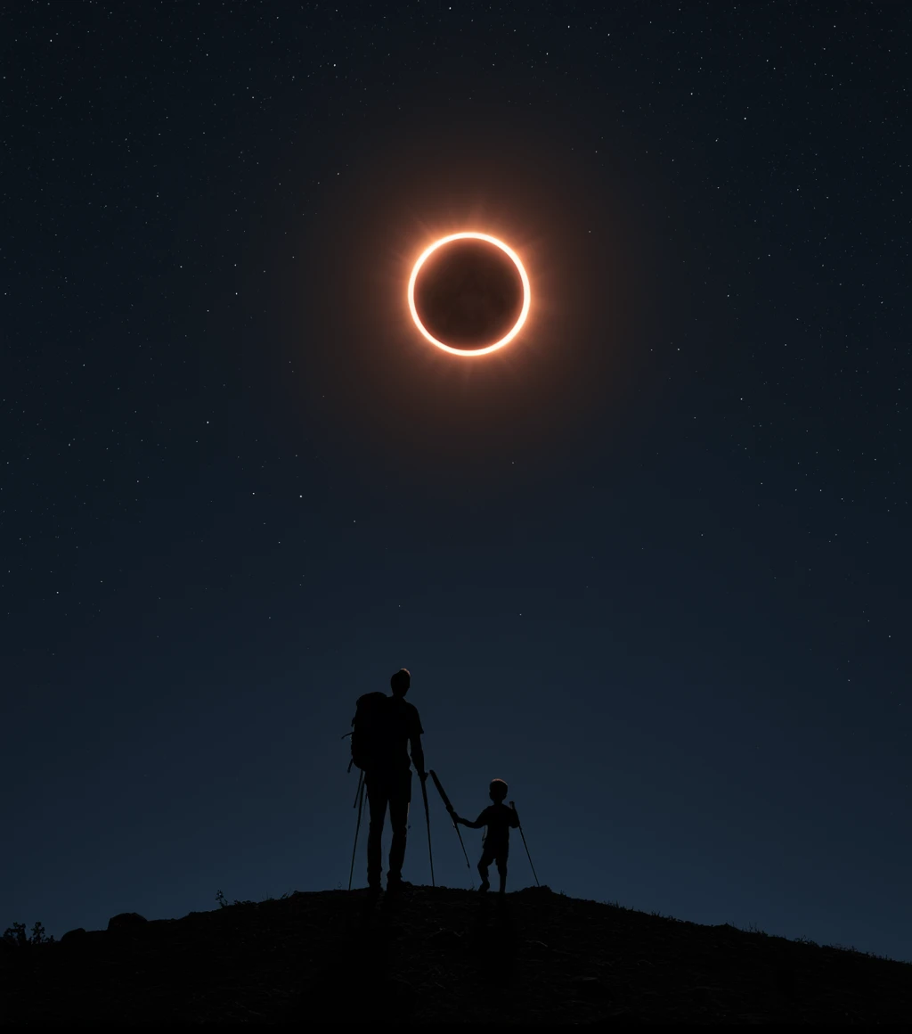 <lora:3cl1p53_01XL-000008:1.1>,(3cl1p53 style),a RAW photograph of (3cl1p53 eclipse:0.9) (rising high in the sky above),with the silhouette of a (father hiking his young son:1.2), standing at (the top of a hill:1.1),staring at a (eclipse:0.9)in a starry sky, dark at night,HDR,(wide angle shot:1.2),sharp focus,(highly detailed),(8k wallpaper),intricately detailed,highres,absurdres,hyper realistic,8K UHD DSLR,IMAX,extremely intricate,4k textures,cinematic look),hyperdetailed