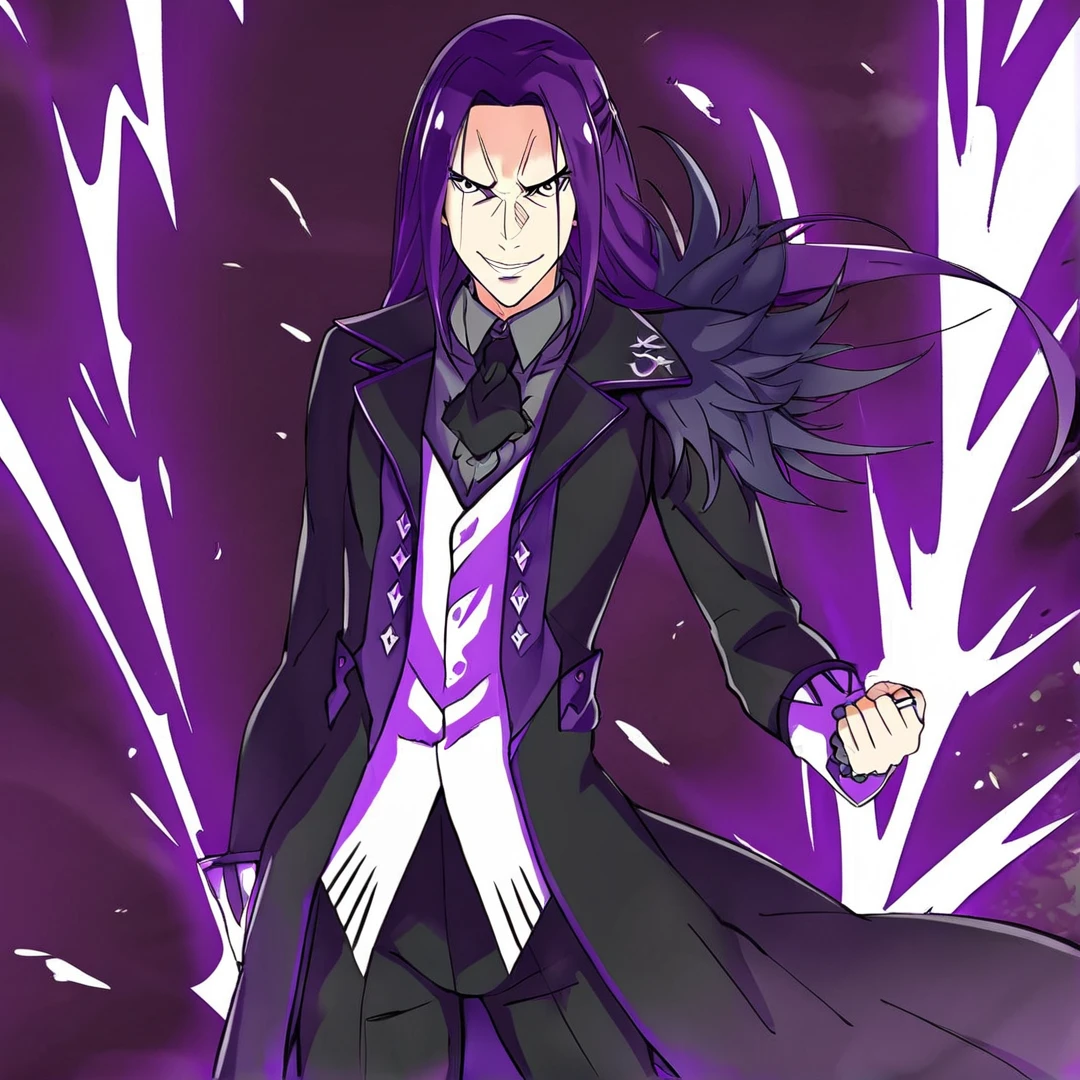 <lora:StrideVollachia:1>, stride, thirty years of age, his features, were uncommonly sharp and noble, has long, rich deep-purple hair, that had a silky look to it, and reached past his shoulders, wears black trousers, black shoes, a light grey shirt, a black cravat, a white waistcoat over the shirt, and a black long coat over the waistcoat, that had notched lapels and rolled cuffs, purple lining, on his left shoulder, has many large feathers with purple tips, on each of his ten fingers, are ring curse tools, solo, standing in a war zone, ruined buildings, spreaded flames, explosions, dragons in the sky, is fighting, surrounded with flames