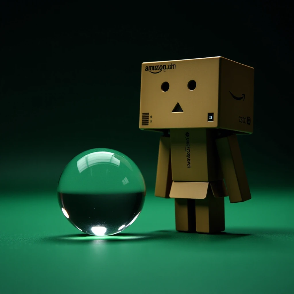 danbo, a Danbo toy standing next to a glass ball on a green surface. The background is dark, giving the image a mysterious and captivating atmosphere