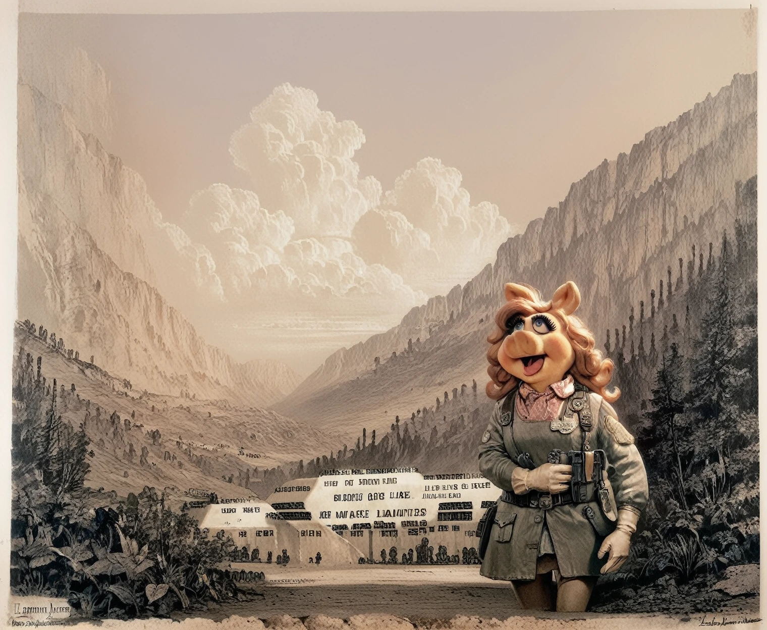 <lora:maxime-lalanne_pony_v1:1> ' landscape ' by LalanneMaxime in 1860 ,landscape \(genre\),Realism \(style\), <lora:Miss_Piggy_Pony:1> uncensored, gloves, miss piggy, score_9, score_6_up, score_7_up