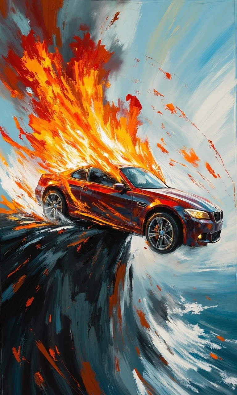 Burning car falls off cliff<flux.1_lora_ink-dynamic:1.0>