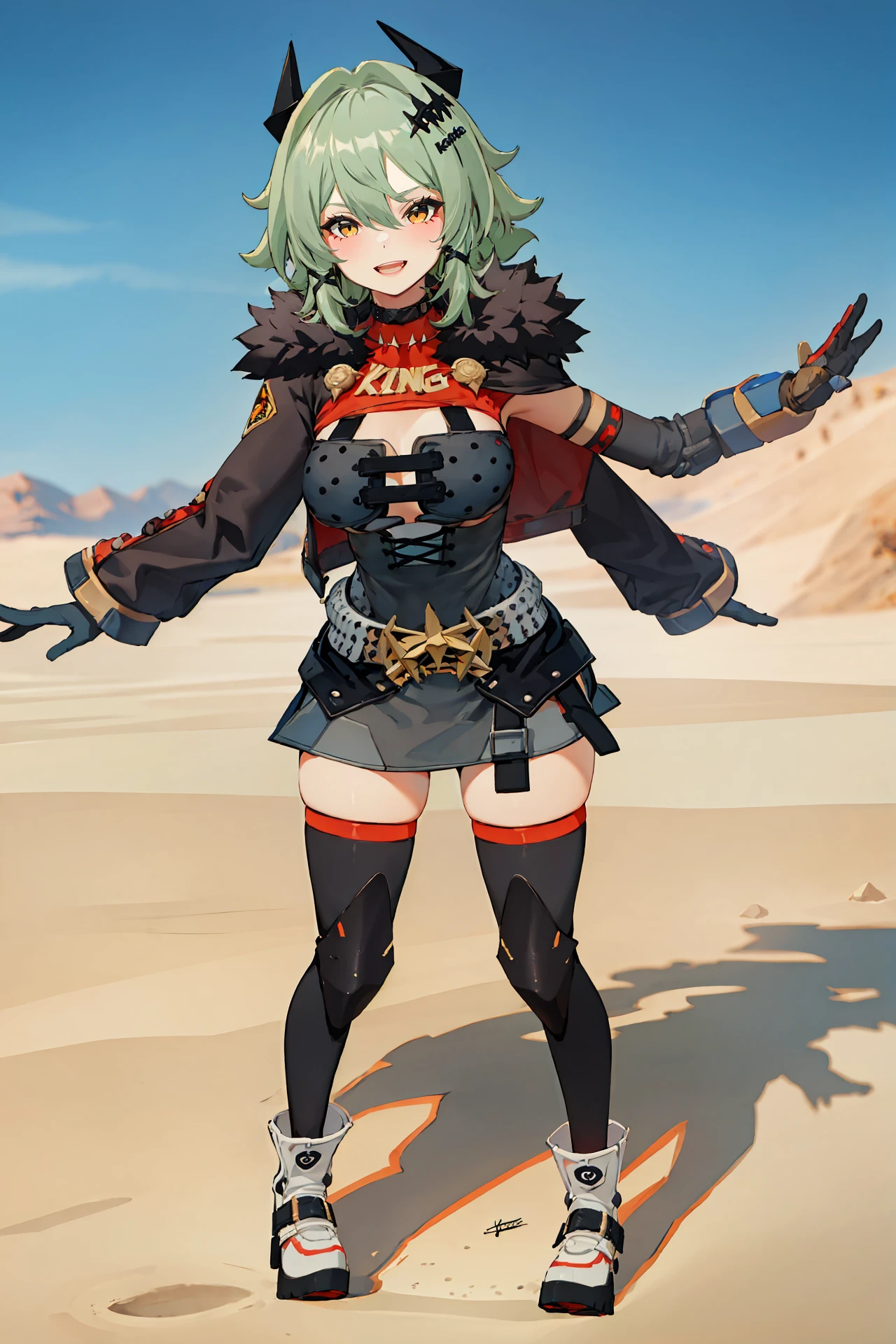 1girl, caesar king \(zenless zone zero\), horns, x hair ornament, hairclip, turtleneck sweater, mechanical arms, pencil dress, fur-trimmed jacket, arm out of sleeve, looking at viewer, smiling, open mouth, desert, outdoors, depth of field, standing, full body, knee pads, ankle boots