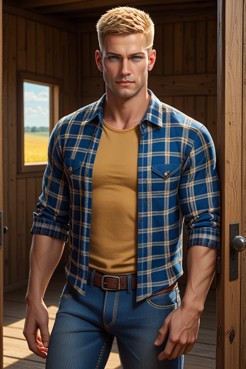 score_9, score_8_up, score_7_up, score_6_up
<lora:WSBlazkowicz:0.8>
WSBlazkowicz, 1boy, short hair, blonde hair, blue eyes, muscular, looking at viewer, leaning against a rustic barn door, wearing a flannel shirt and jeans, golden fields in the background, late afternoon light, warm and inviting mood