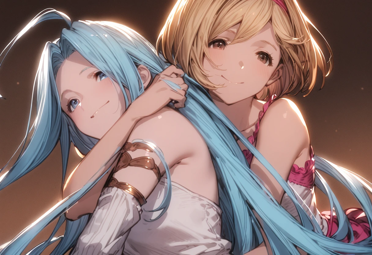 best quality, very aesthetic, absurdres,
2girls, yuri, smile, bare shoulders, strapless, hug from behind, 
 <lora:JitaRuri-XL:1> jitaruri, djeeta \(granblue fantasy\),