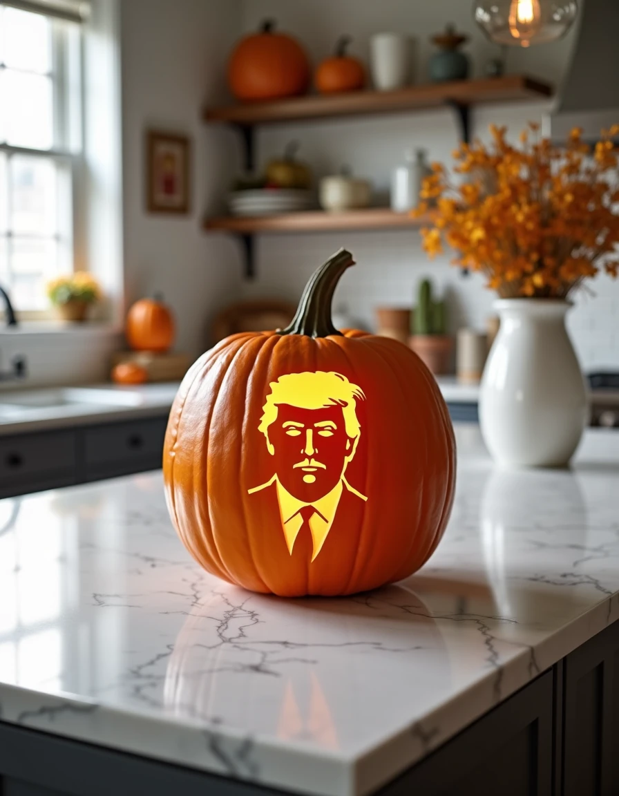 This photograph captures a cozy, autumn-themed kitchen scene. The centerpiece is a carved pumpkin, or jack-o-lantern, with a striking design. The pumpkin is a vibrant orange color and features a silhouette of Donald Trump. The pumpkin sits on a sleek, white marble kitchen island with a subtle gray veining pattern, known as a marble with a gray veined Carrara marble look.